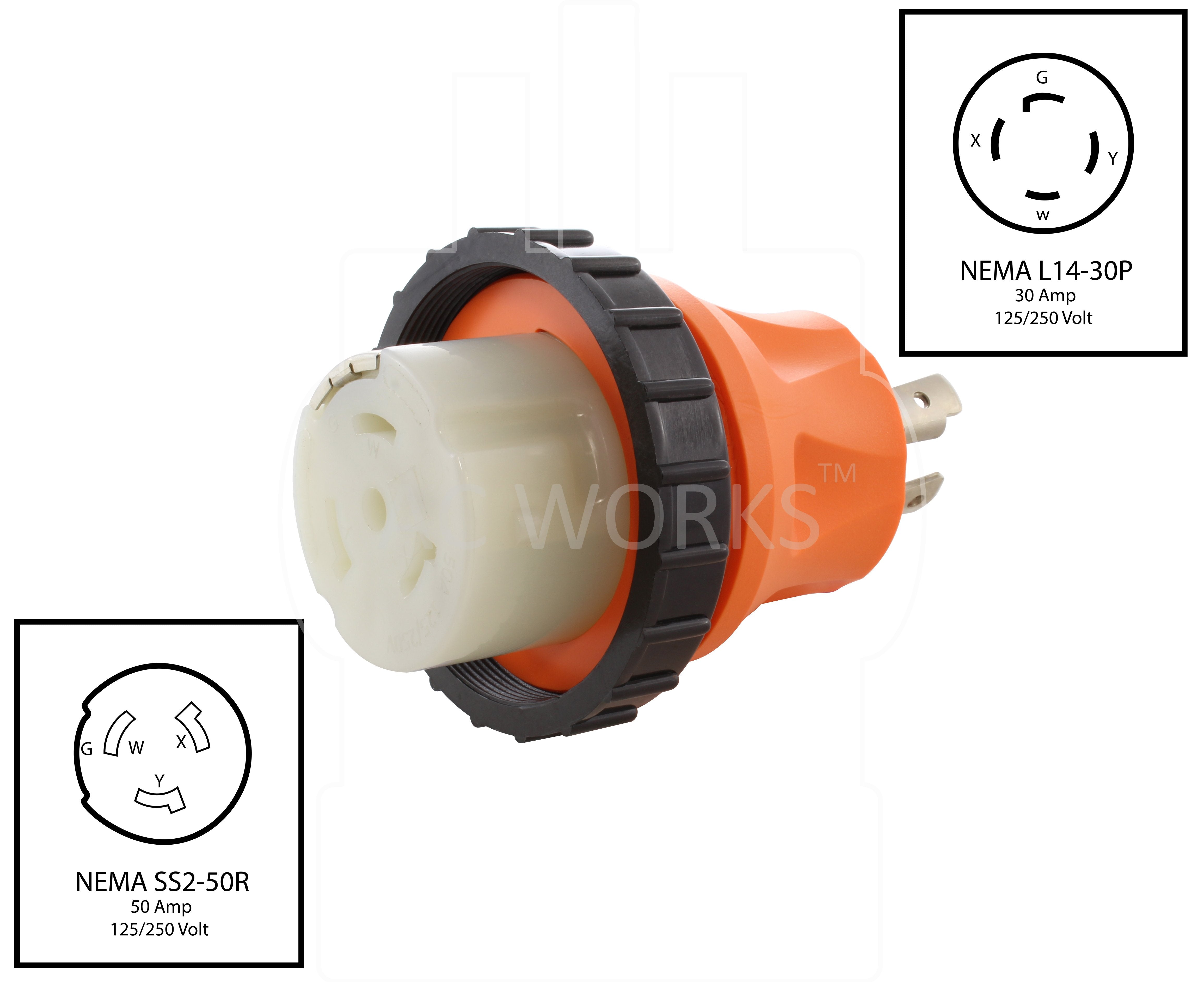 NEMA L14-30P to NEMA SS2-50R, L1430 plug to SS250 connector, 4-prong locking plug to 50 amp locking connector, orange adapter, twist lock adapter