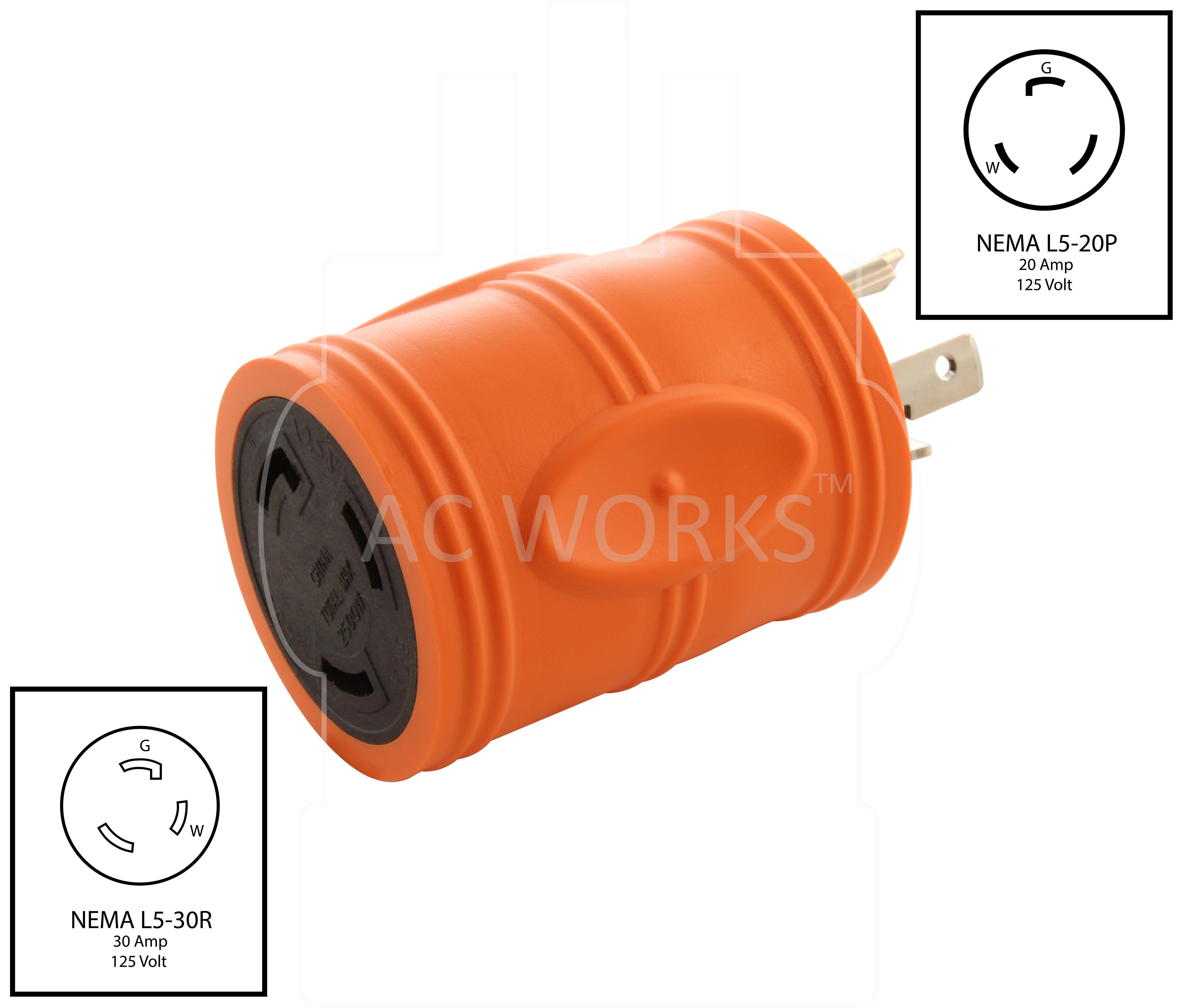 NEMA L5-20P to NEMA L5-30R, L520 plug to L530 connector, locking 20 amp plug to locking 30 amp connector