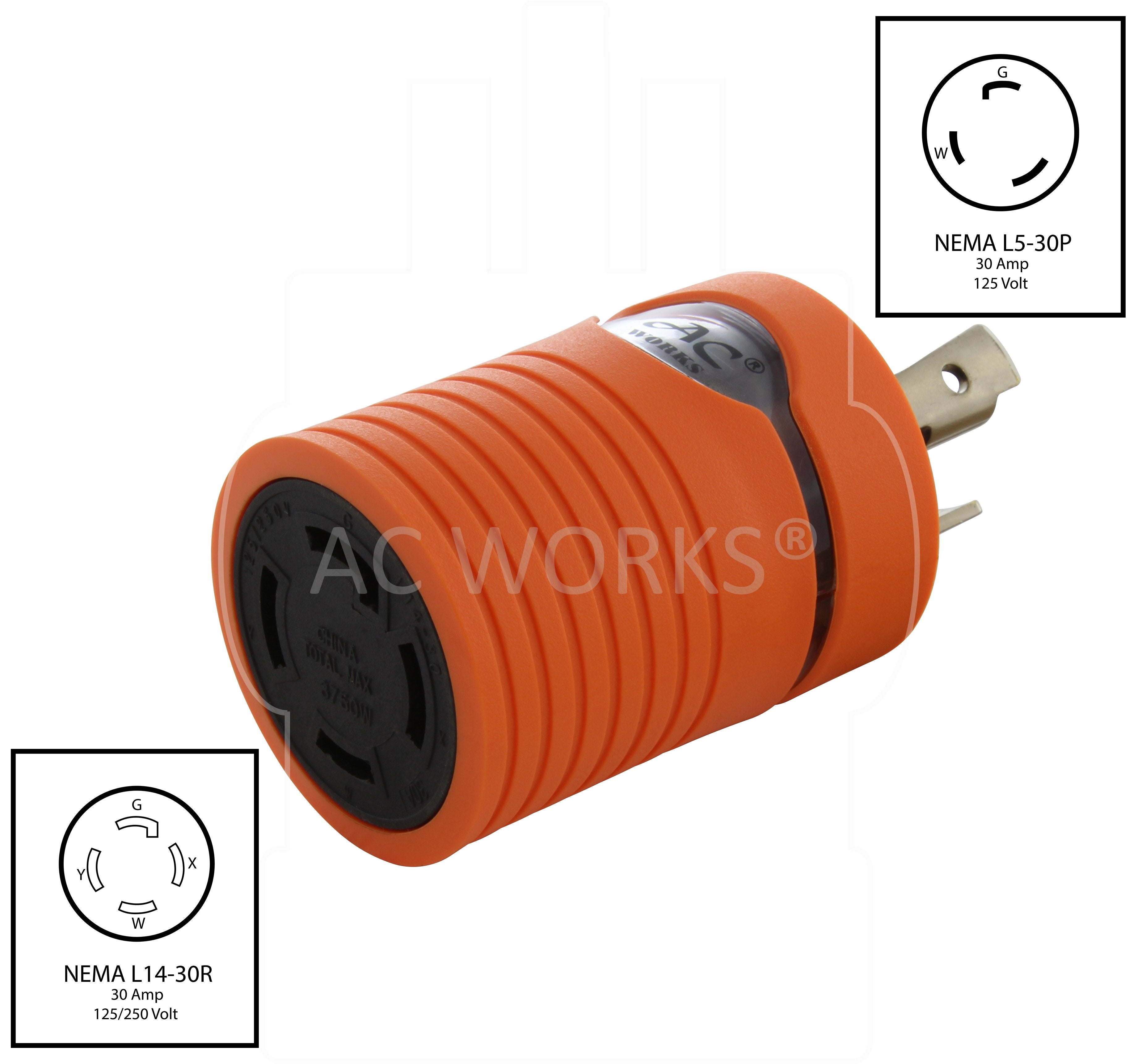 AC WORKS® [ADL530L1430] Adapter L5-30P to L14-30R (Hots Bridged) 30A 125V to 30A 125/250V