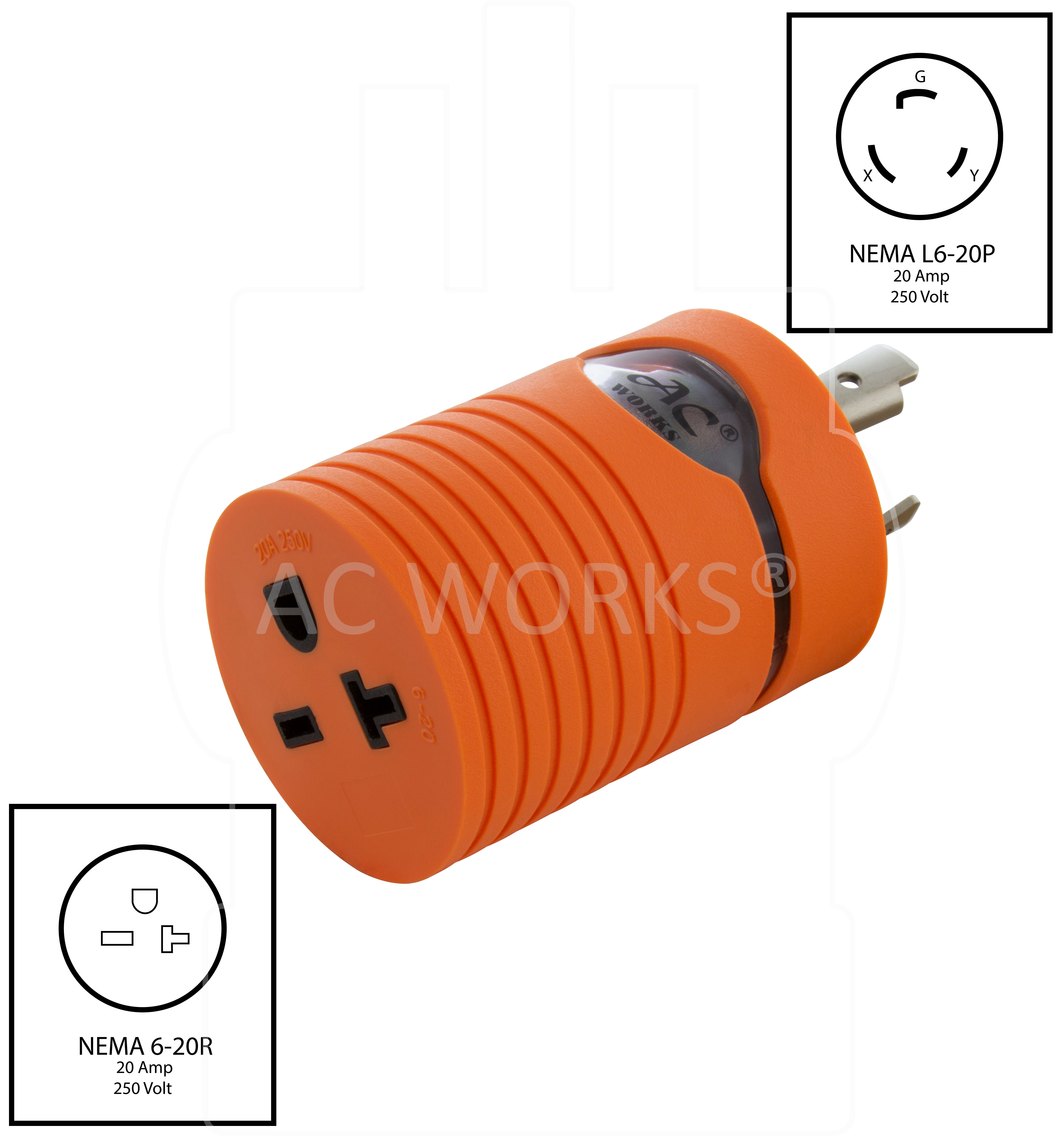 AC WORKS® [ADL620620] Adapter L6-20P 20A 250V Plug to NEMA 6-15/20R 15/20A 250V Connector with cCSAus Approval