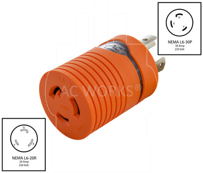 AC WORKS® [ADL630L620] Adapter L6-30P 30A 250V Plug to L6-20R 20A 250V Locking Connector with cCSAus Approval