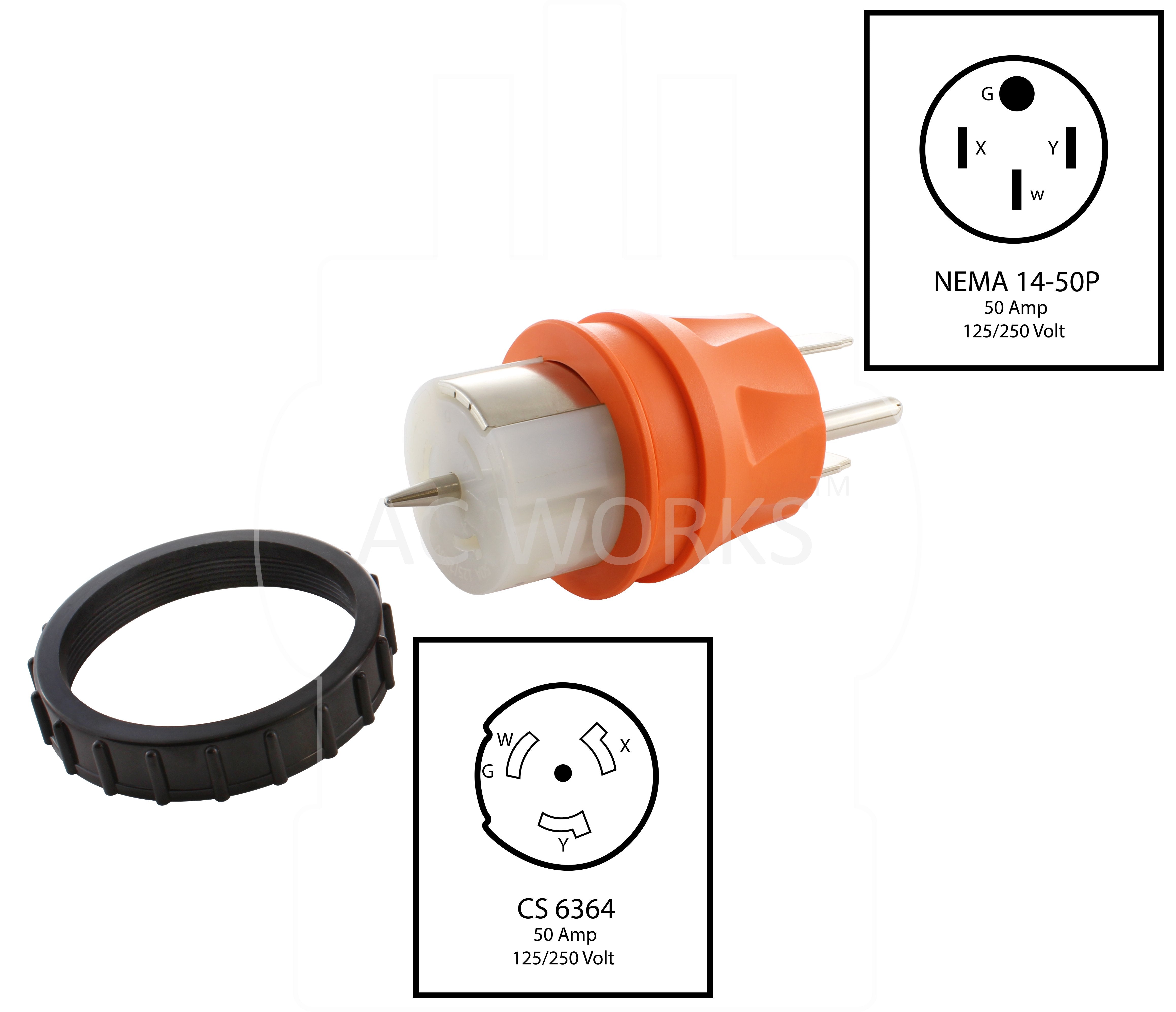 NEMA 14-50P to CS6364, 1450 plug to california standard 6364, temp power adapter