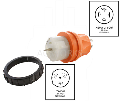 NEMA L14-20P to CS6364, L1420 plug to CS6364 connector, 4-prong locking 20 amp plug to 50 amp California standard locking connector