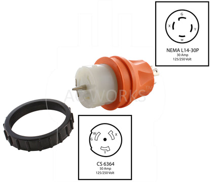 NEMA L14-30P to CS6364, L1430 plug to CS6364 connector, 4-prong 30 amp locking plug to California Standard 6364 connector