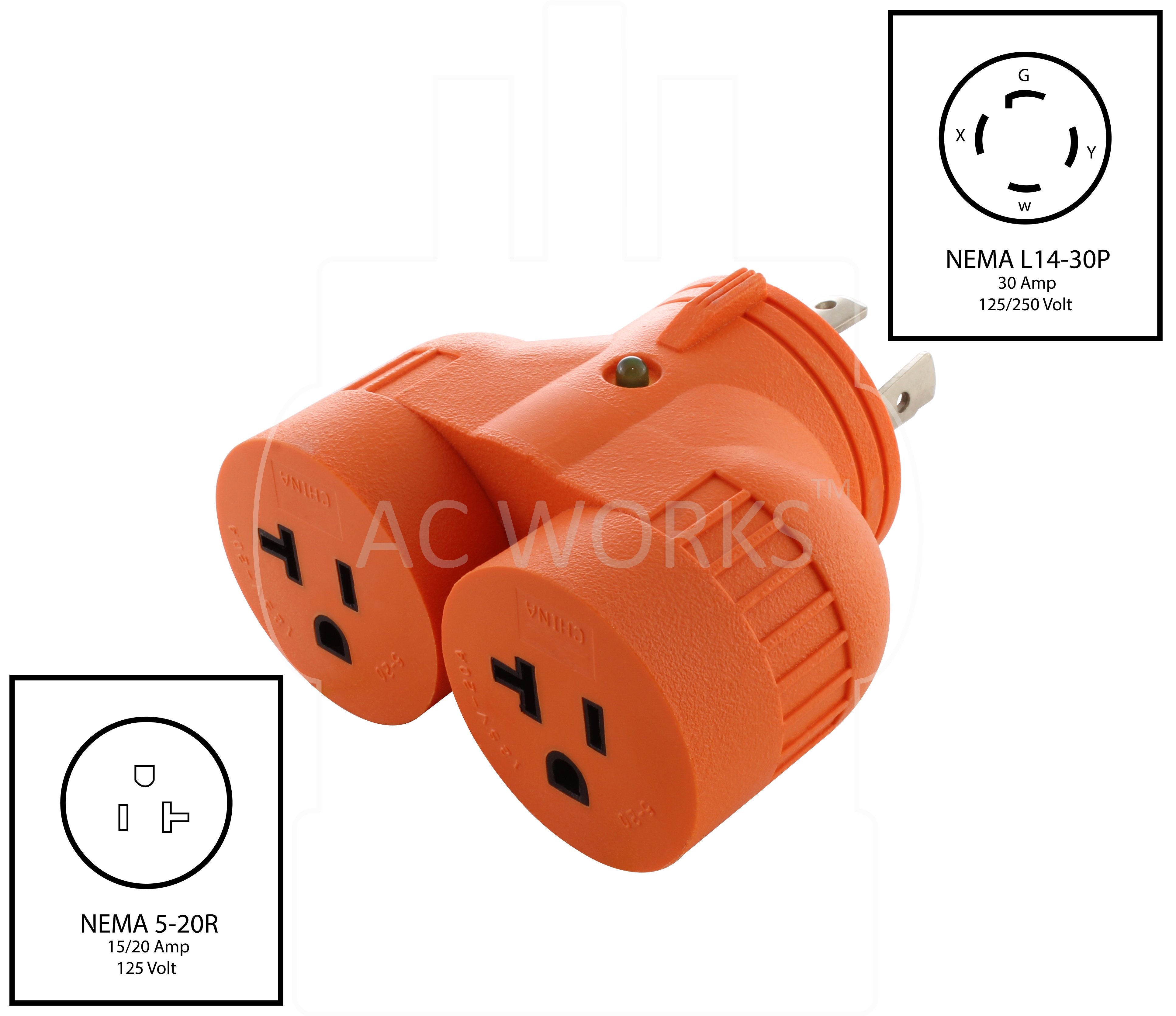 NEMA L14-30P to 2 NEMA 5-20R, L1430 plug to 520 connectors, 4-prong generator plug to household connectors