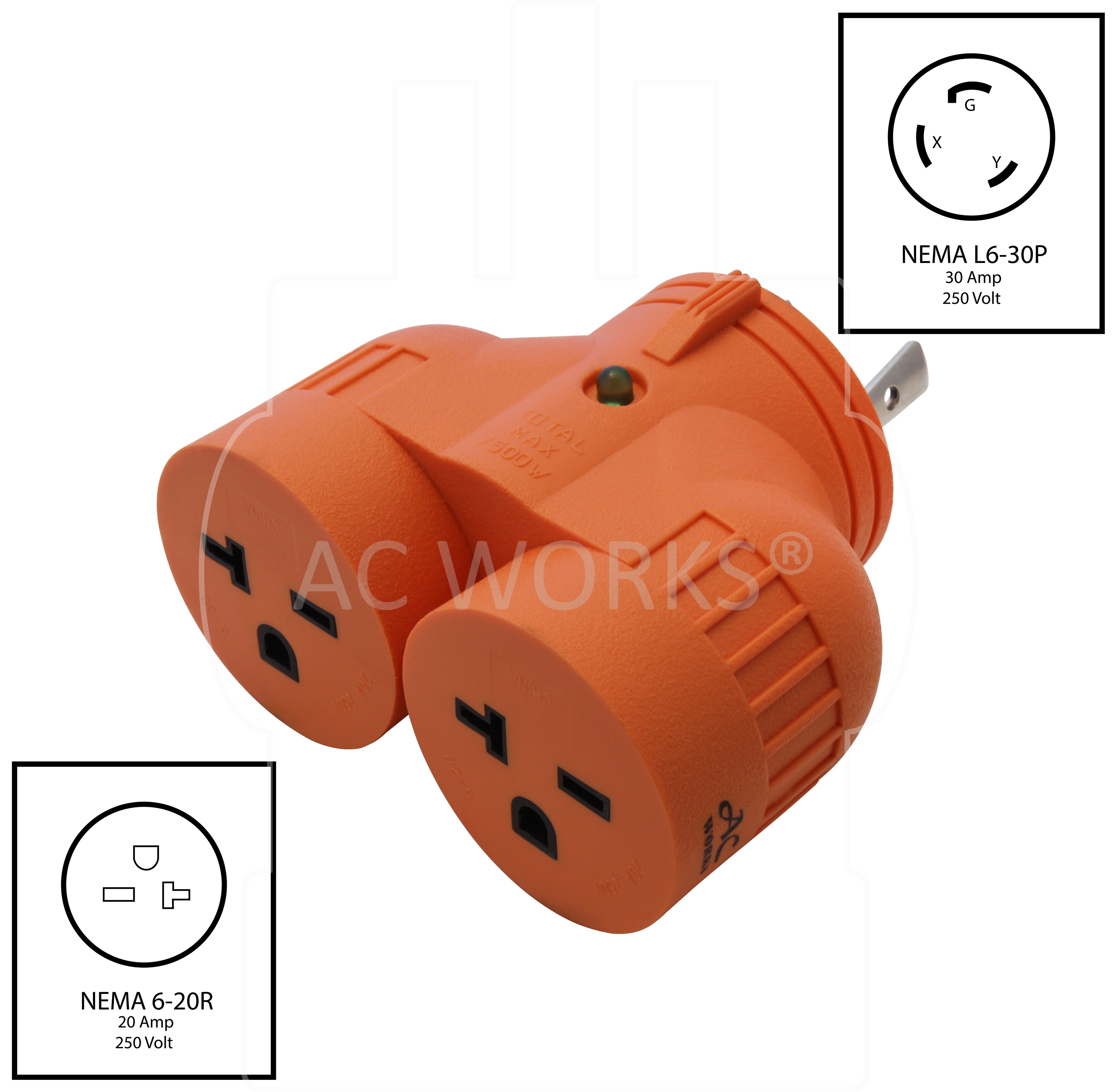 NEMA L6-30P to two NEMA 6-20R, 30 amp locking industrial plug to 20 amp HVAC/power tool connectors