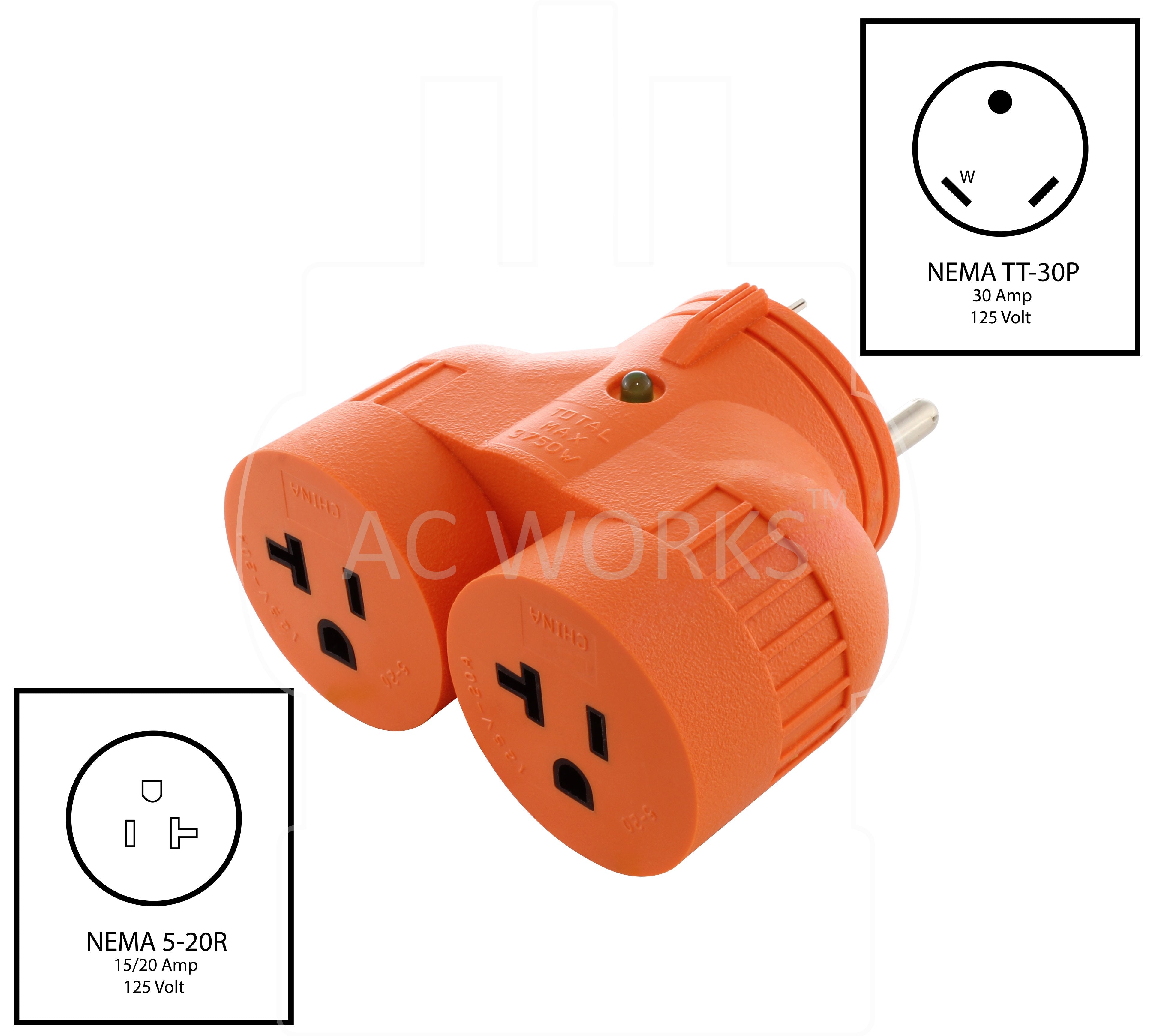 NEMA TT-30P to 2 NEMA 5-20R, TT30 plug to 520 connectors, 30 amp travel trailer plug to 20 amp household plugs