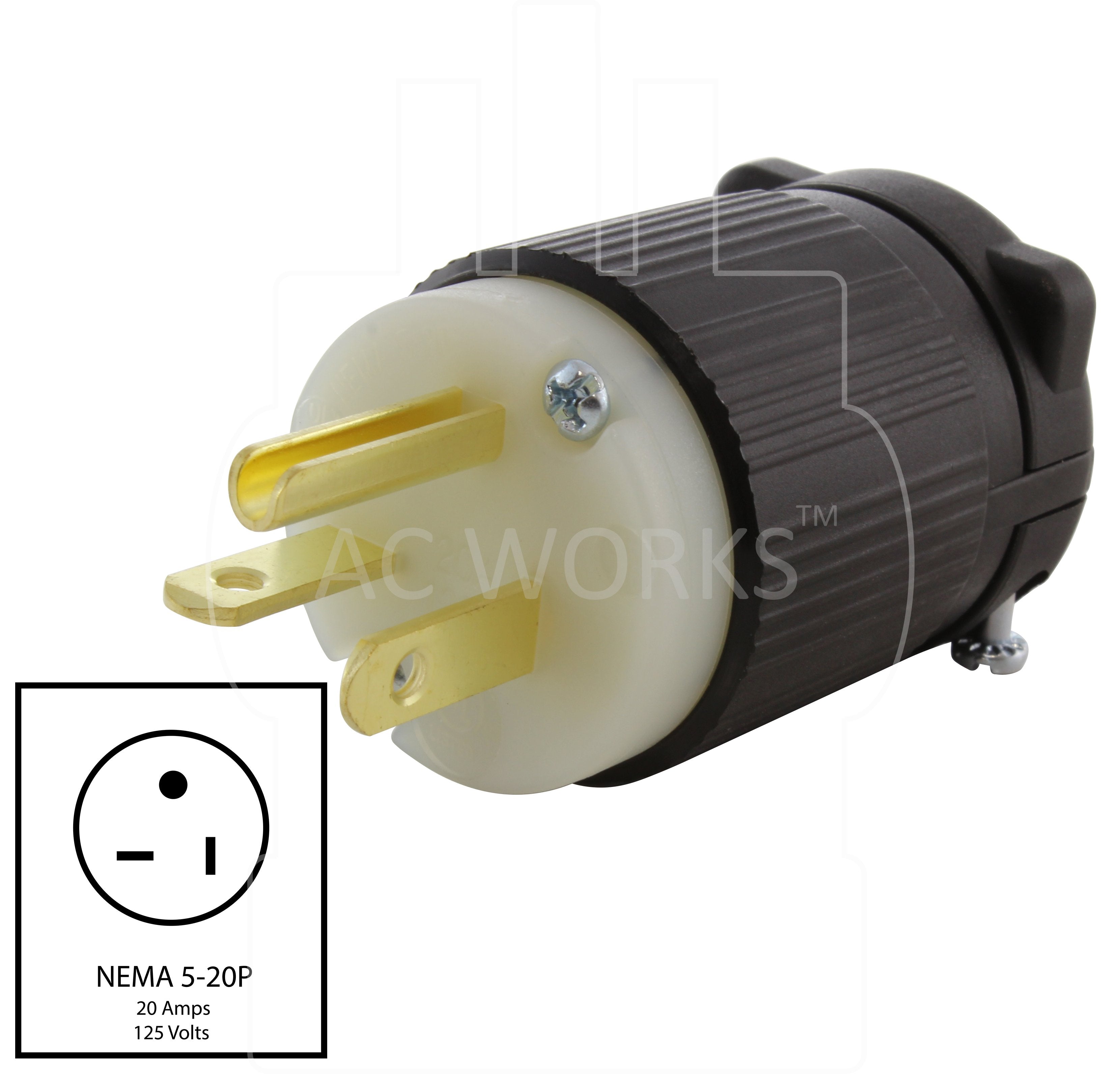 NEMA 5-20P, 520 male plug, t-blade household plug, 20 amp household plug