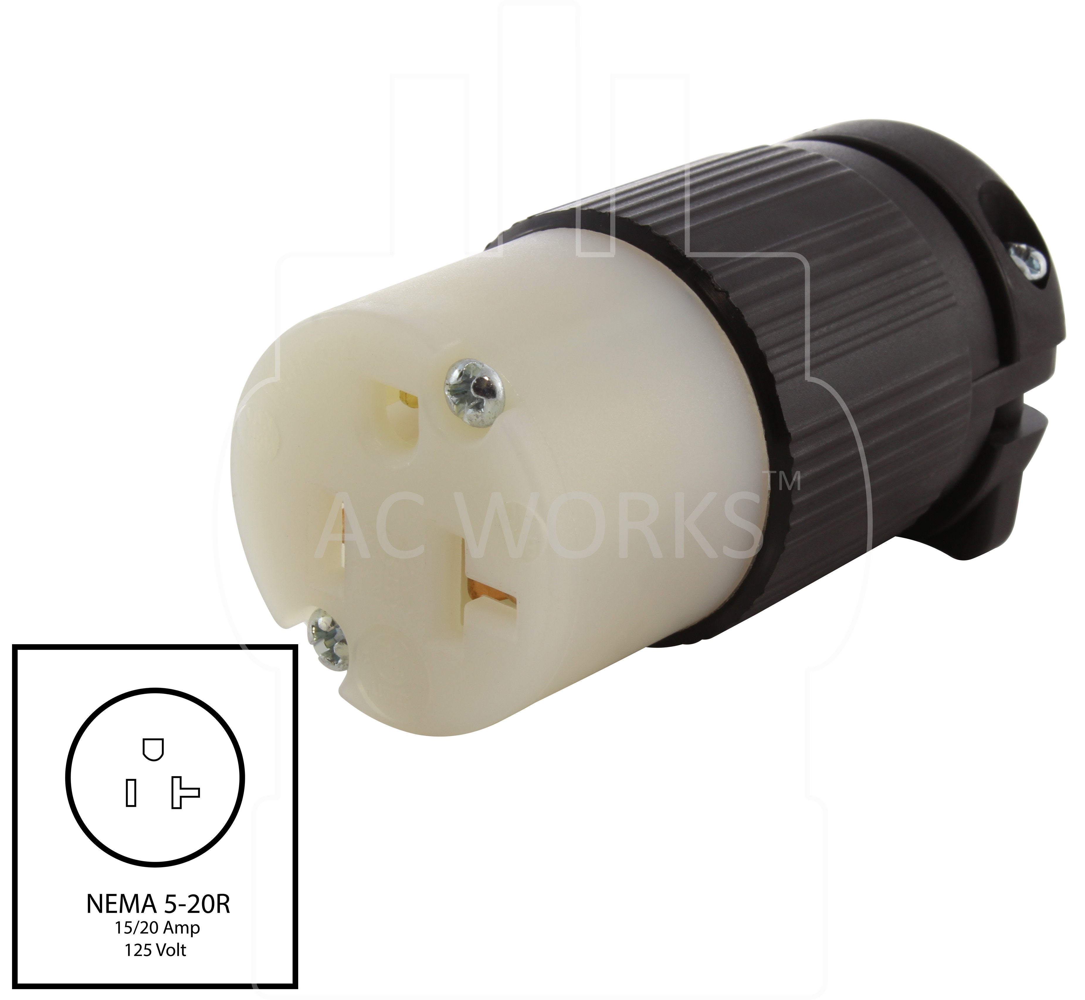 NEMA 5-20R, 520 female connector, T-blade connector, 20 amp household connector