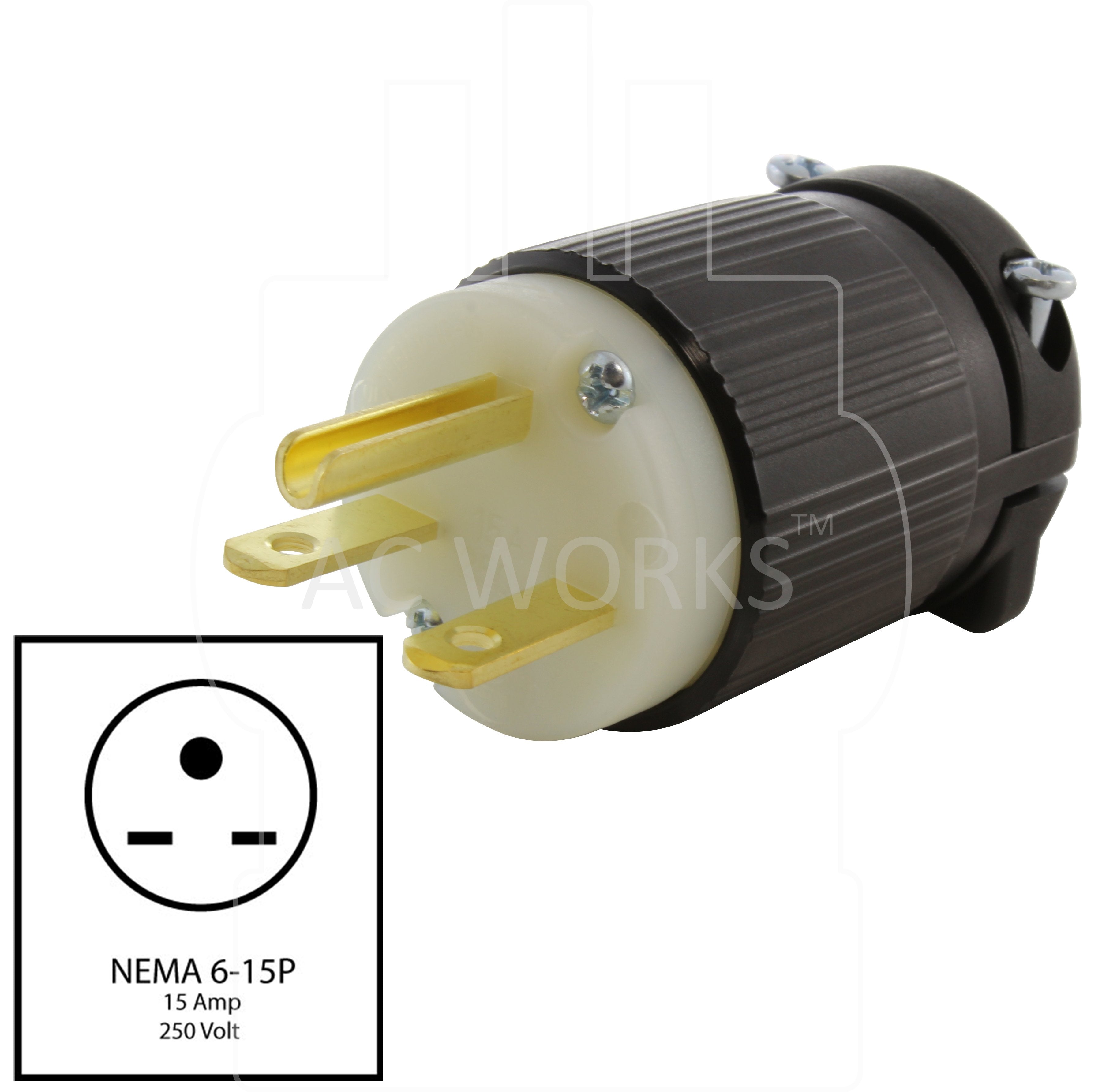 NEMA 6-15P assembly, 615 plug assembly, 15 amp 250 volt plug assembly