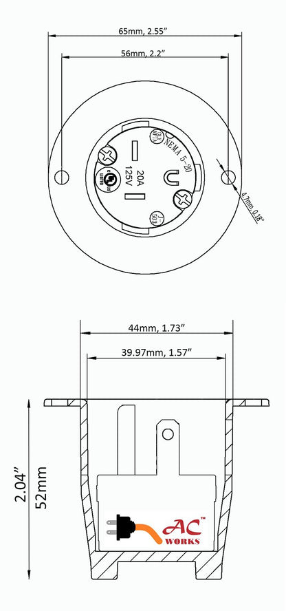 ASIN520P, AC Works, AC Connectors, flange inlet, industrial grade, commercial grade, charger inlet, 20 amp inlet