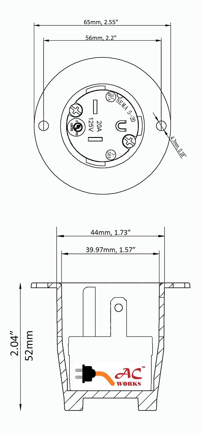 ASIN520P, AC Works, AC Connectors, flange inlet, industrial grade, commercial grade, charger inlet, 20 amp inlet