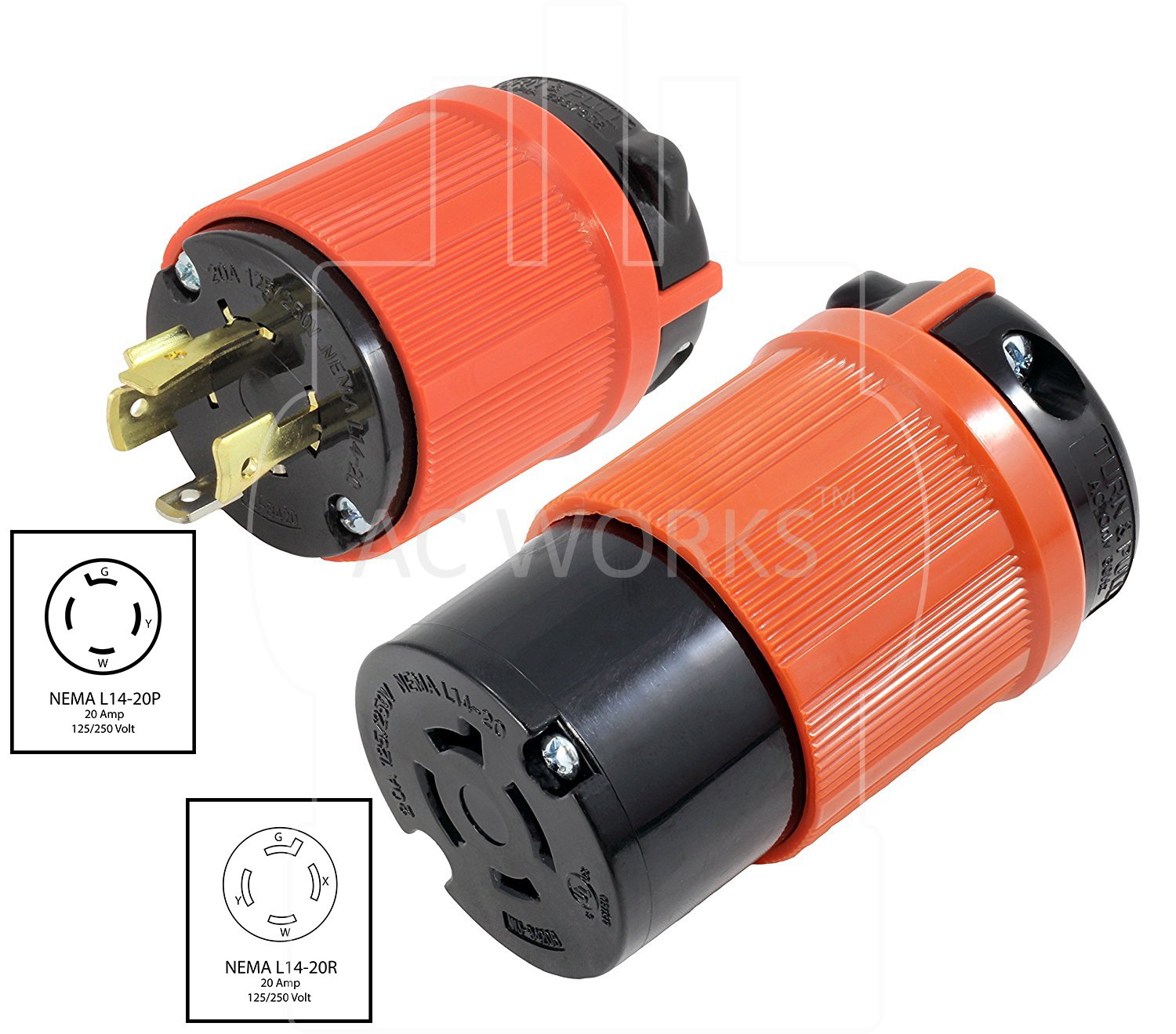 AC Works, NEMA L14-20P, L14-20P, L1420P, L1420, NEMA L14-20R, L14-20R, L1420R, 20 amp 4 prong plug, 20 amp 4 prong connector, locking plug and connector