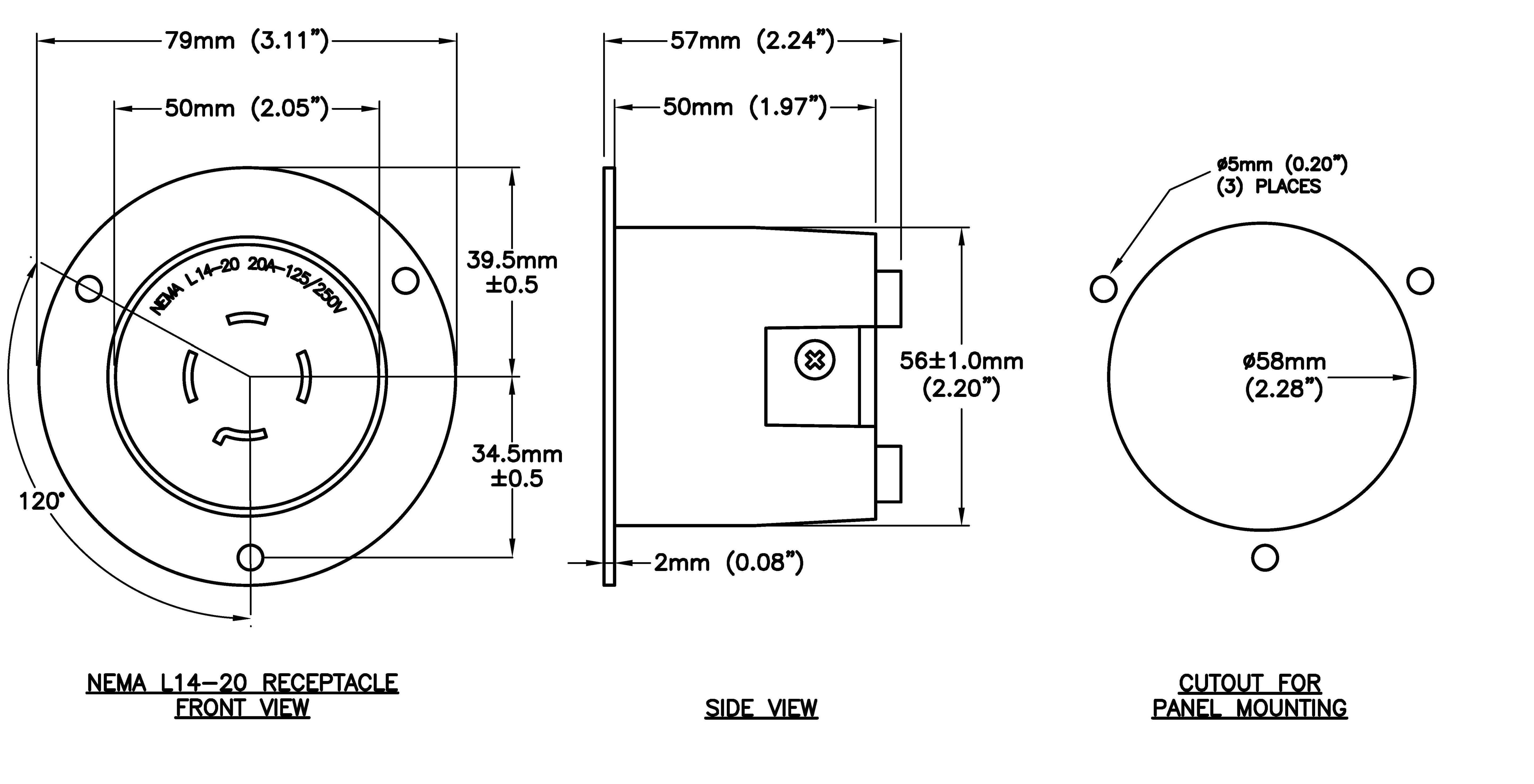 AC WORKS® [ASOUL1420R] 20A 125/250V L14-20R Flanged Outlet UL and C-UL Listed