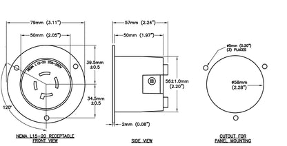 AC WORKS® [ASOUL1520R] 3-Phase 20A 250V L15-20R Flanged Outlet UL and C-UL Listed