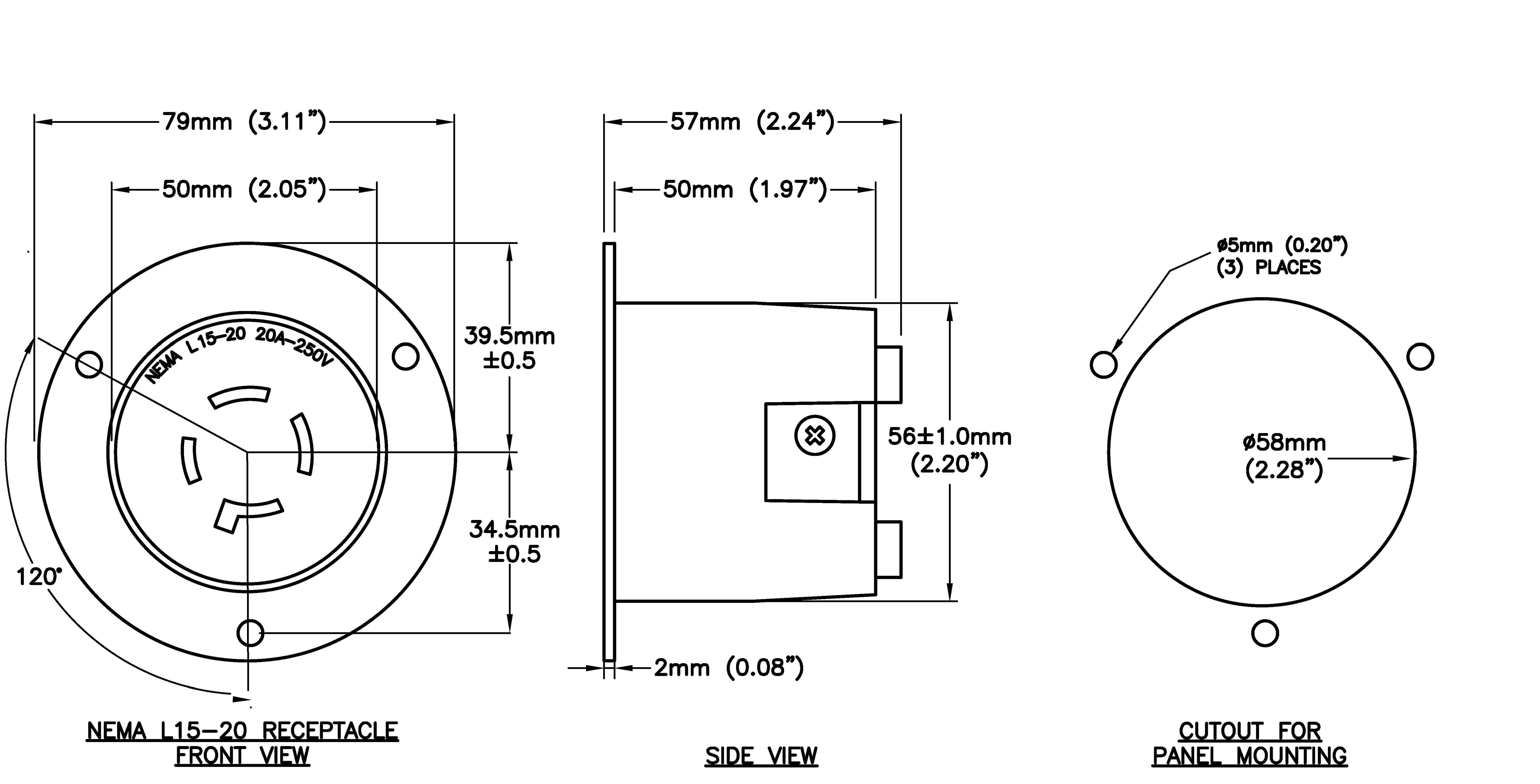 AC WORKS® [ASOUL1520R] 3-Phase 20A 250V L15-20R Flanged Outlet UL and C-UL Listed