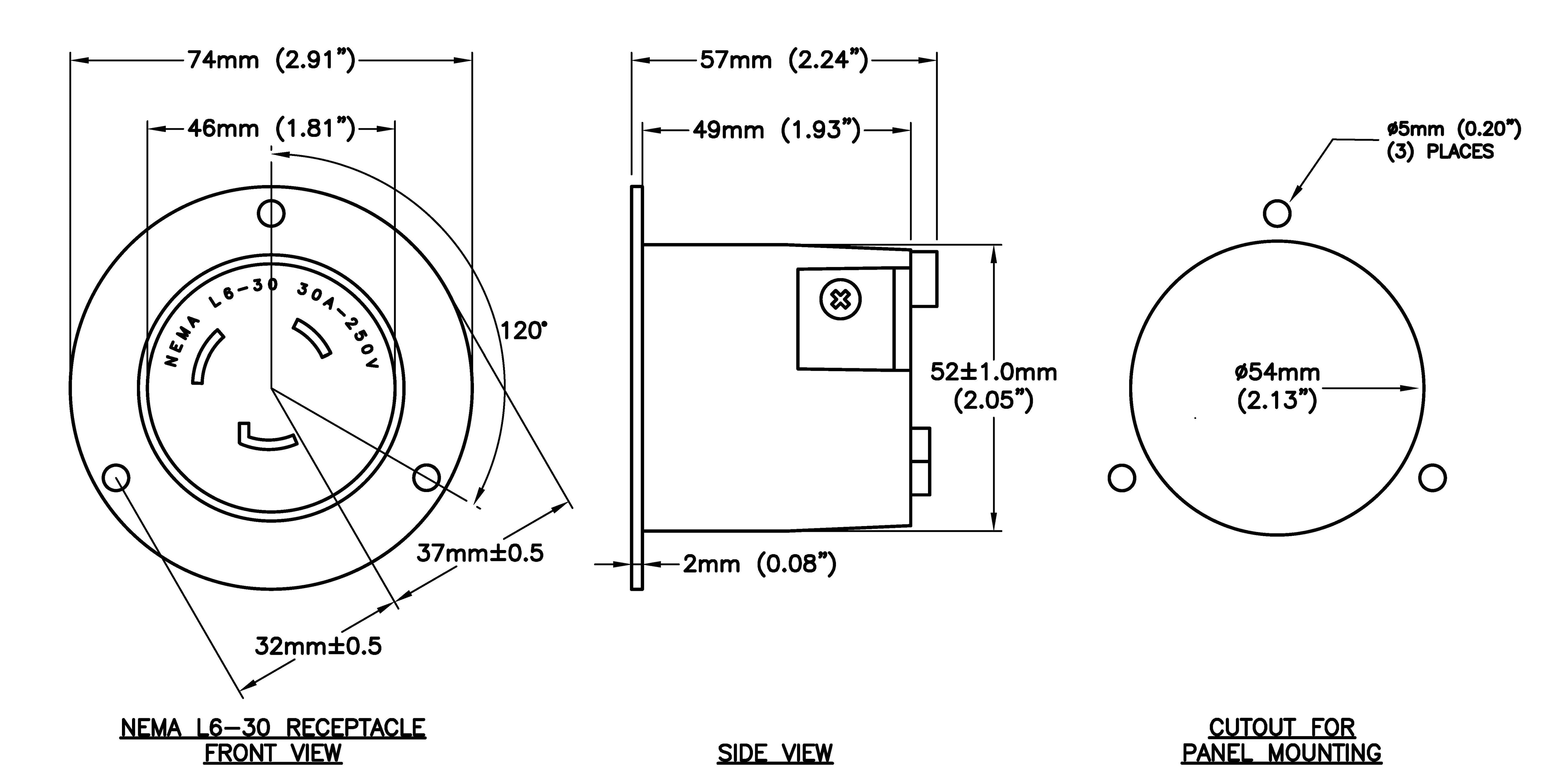 AC WORKS® [ASOUL630R] 30A 250V L6-30R Flanged Outlet UL and C-UL Listed