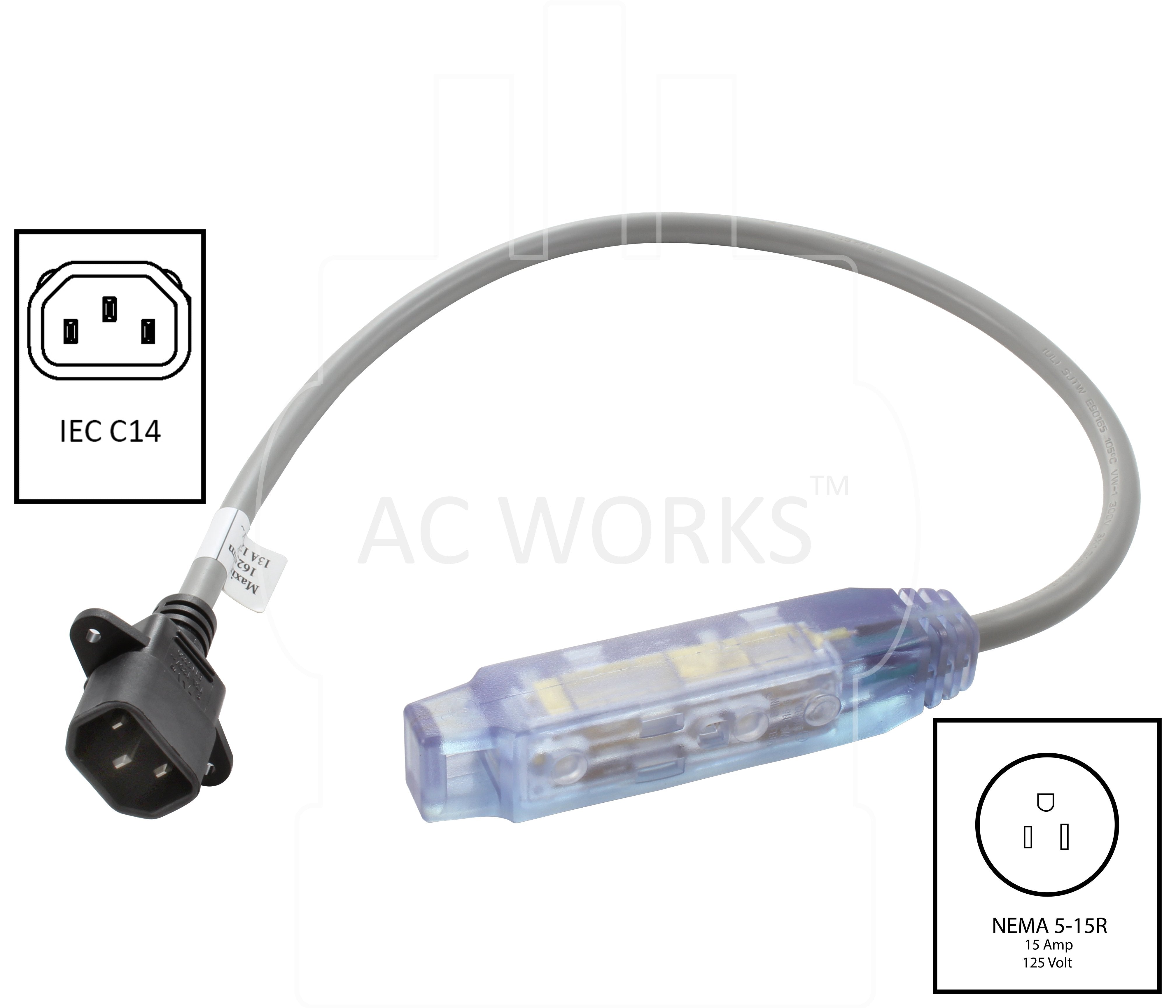 IEC C14 to 2 household outlets, C14 to 2 NEMA 5-15R