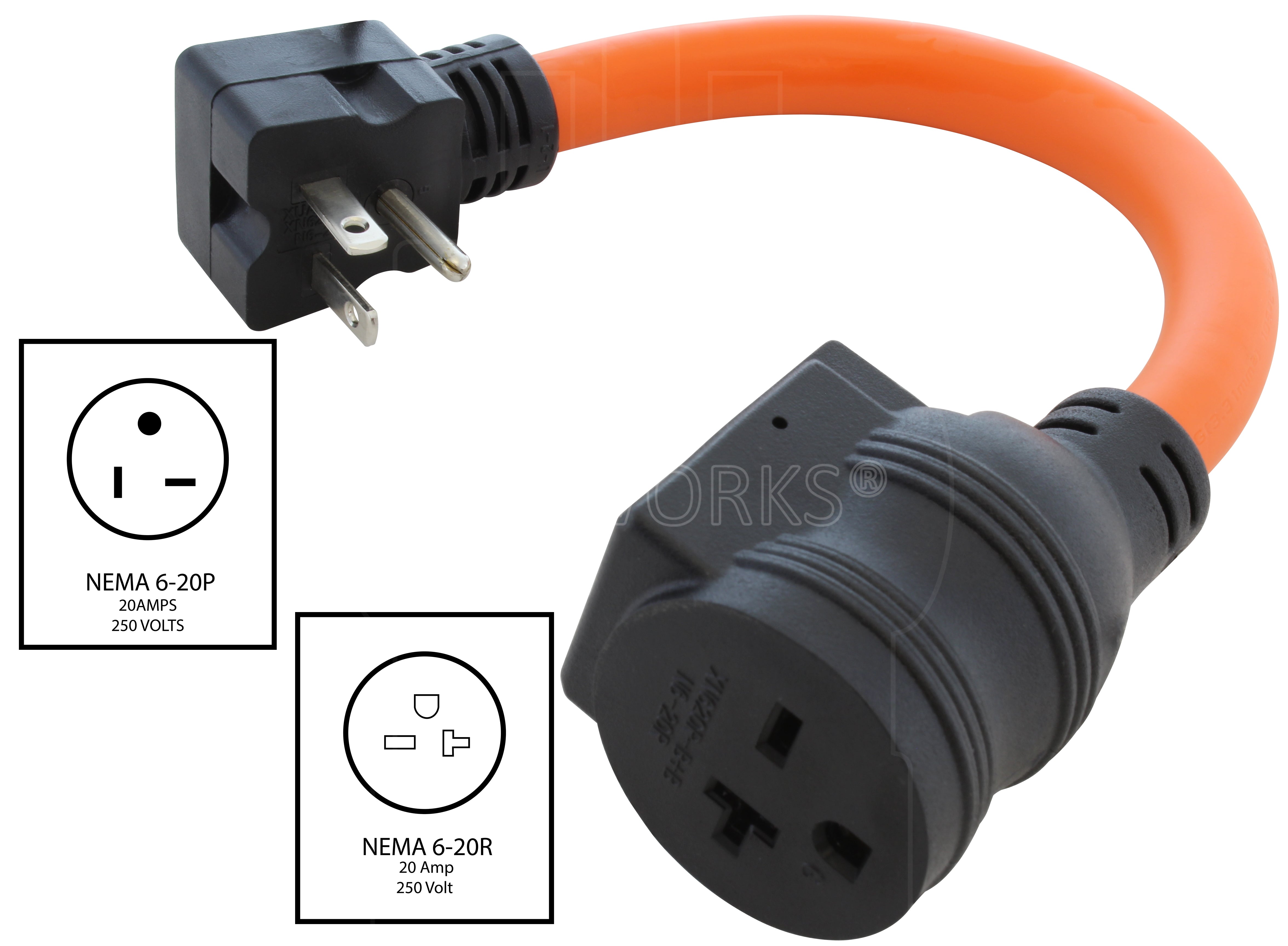 NEMA 6-20P to NEMA 6-20R 20A 250V outlet extender with breaker