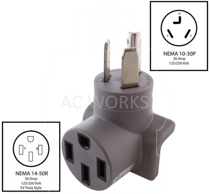 NEMA 10-30P 3-prong dryer to NEMA 14-50R Tesla connector for level 2 charging