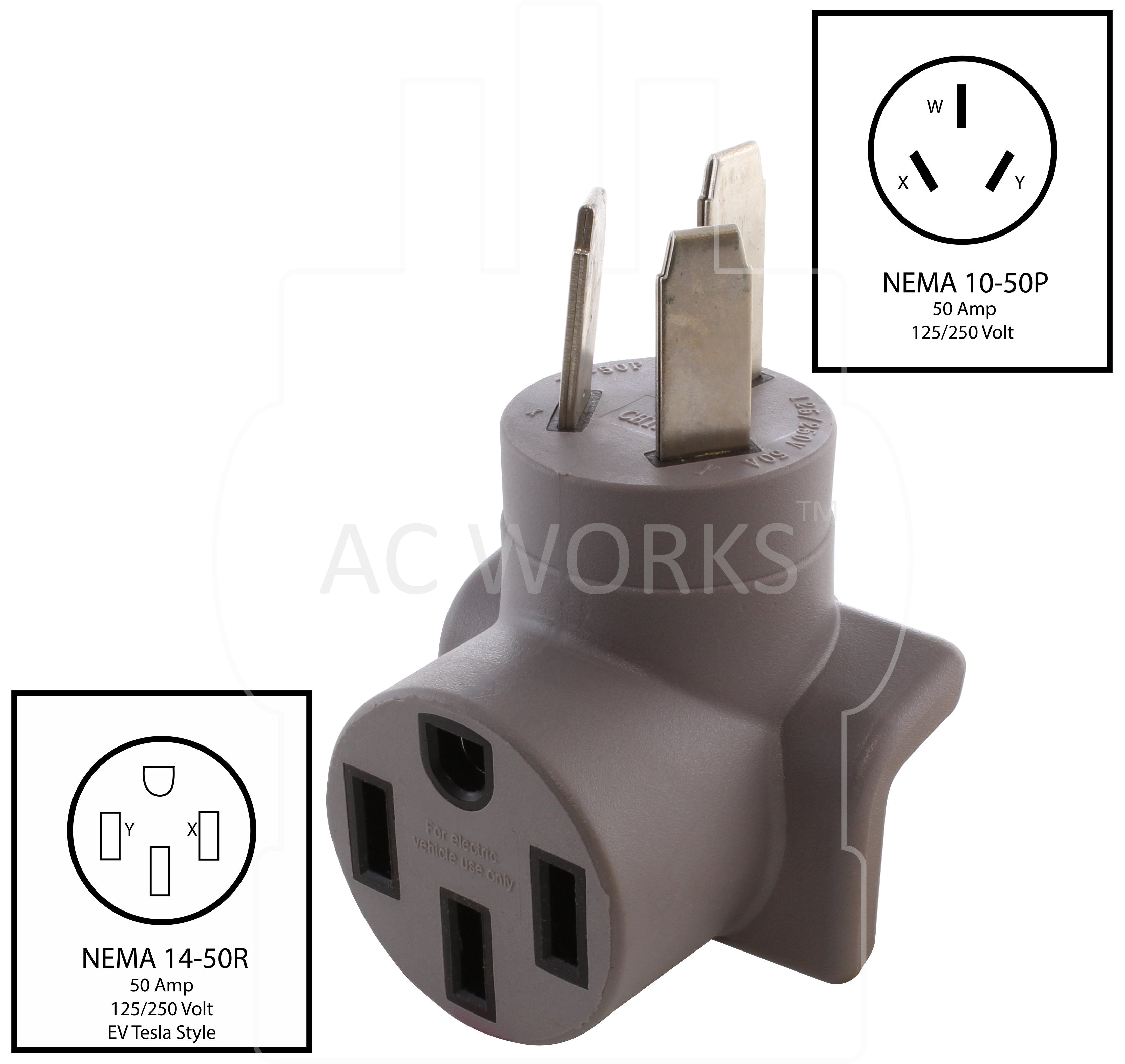 NEMA 10-50P to NEMA 14-50R compact level 2 EV charging adapter