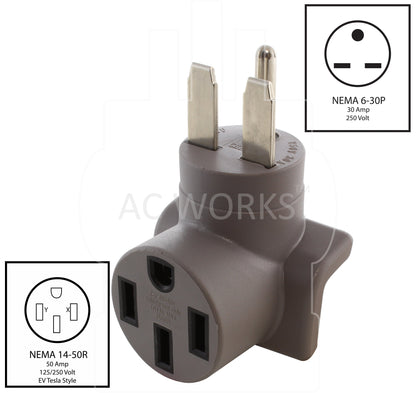 NEMA 6-30P HVAC plug to NEMA 14-50R Tesla connector for level 2 EV charging