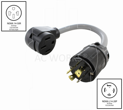 NEMA L14-20P generator plug to NEMA 14-50R Tesla connector for level 2 EV charging