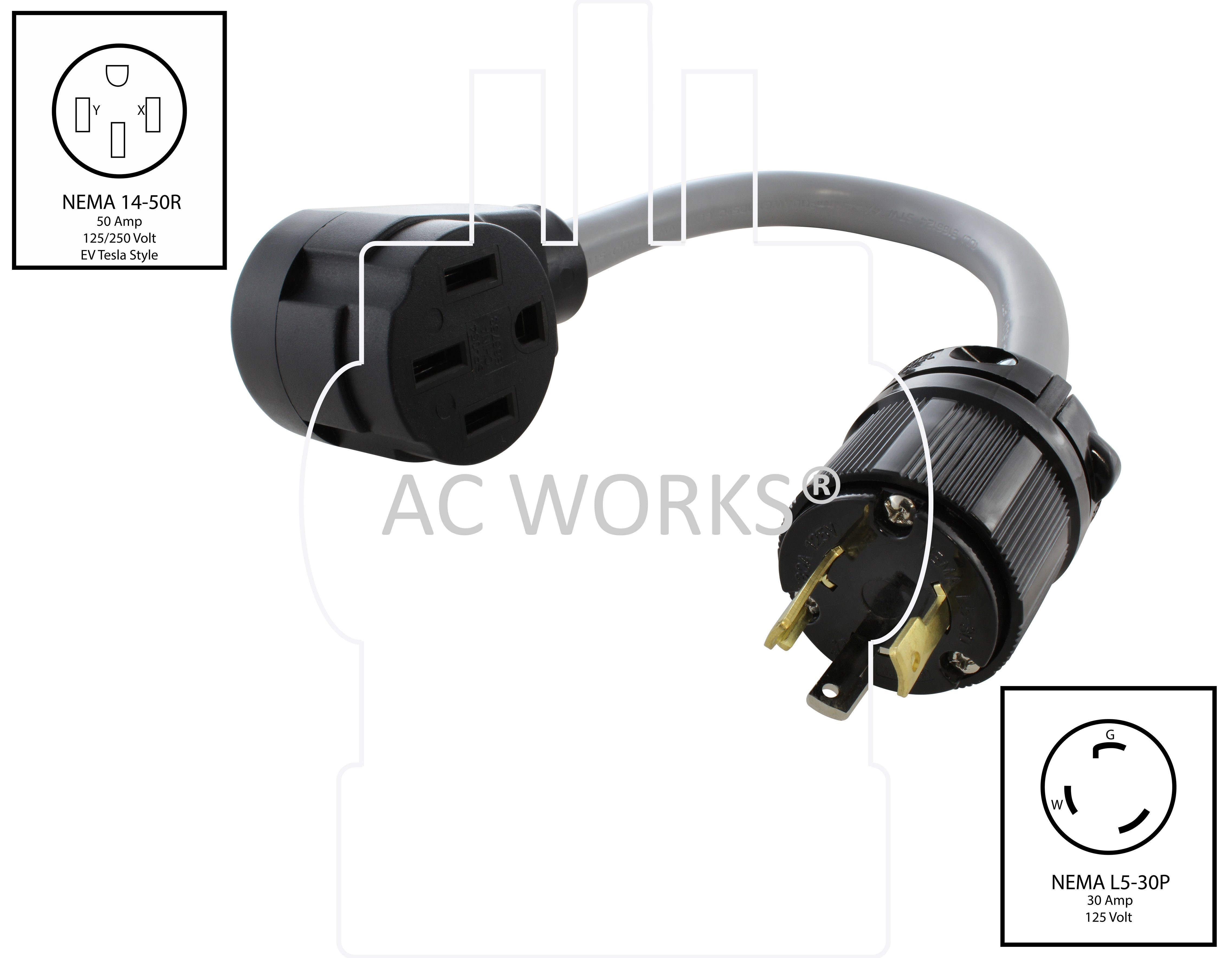 NEMA L5-30P to NEMA 14-50R flexible level 1 EV Charging adapter