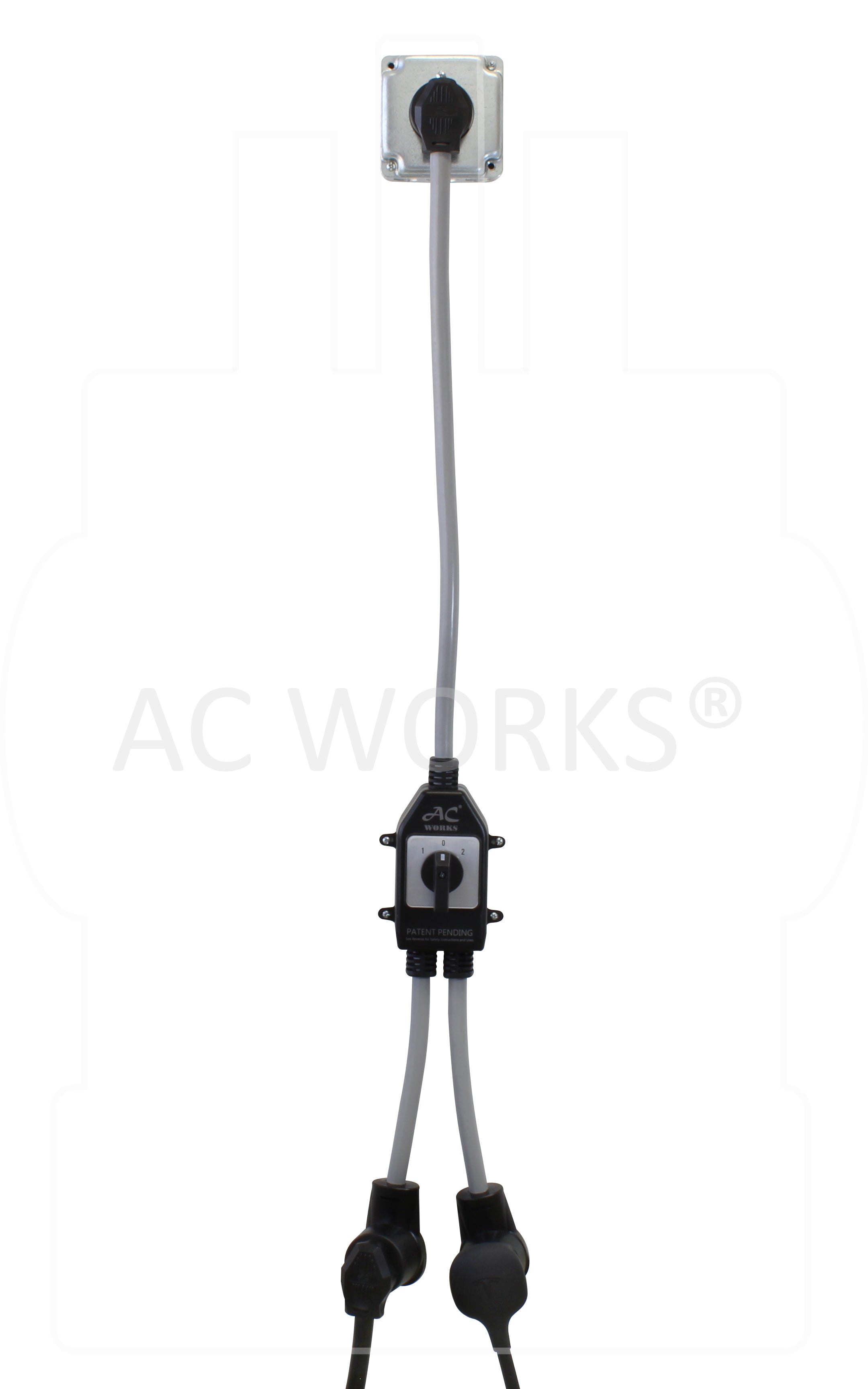 AC WORKS® Safety Switch Y-Cable  [EVY1430SW-036] 30A 125/250V NEMA 14-30 4-Prong Dryer Plug to Two NEMA 14-30 4-Prong  Dryer Connections With Switch