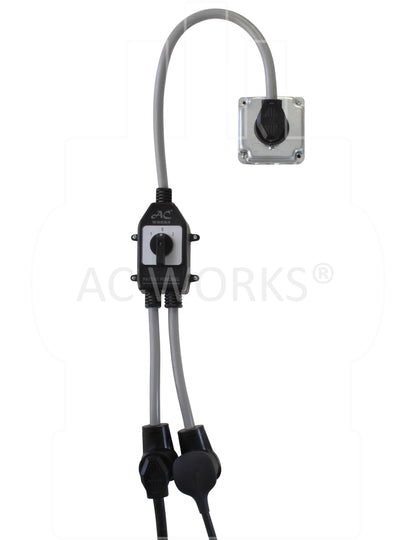 AC WORKS® Safety Switch Y-Cable  [EVY1430SW-036] 30A 125/250V NEMA 14-30 4-Prong Dryer Plug to Two NEMA 14-30 4-Prong  Dryer Connections With Switch