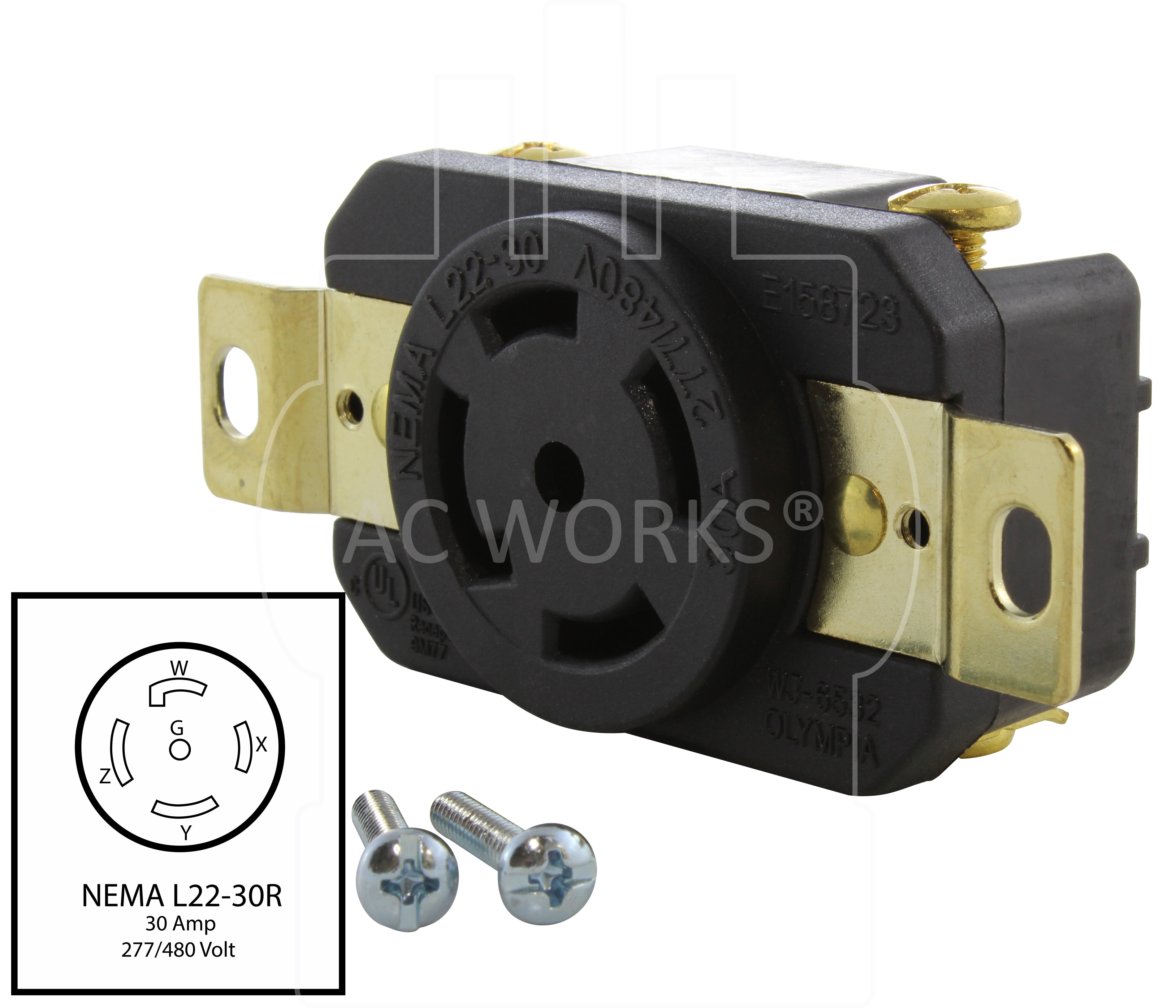 AC WORKS® [FML2230R] 30A 277/480V NEMA L22-30R Flush Mount Locking Industrial Grade Receptacle