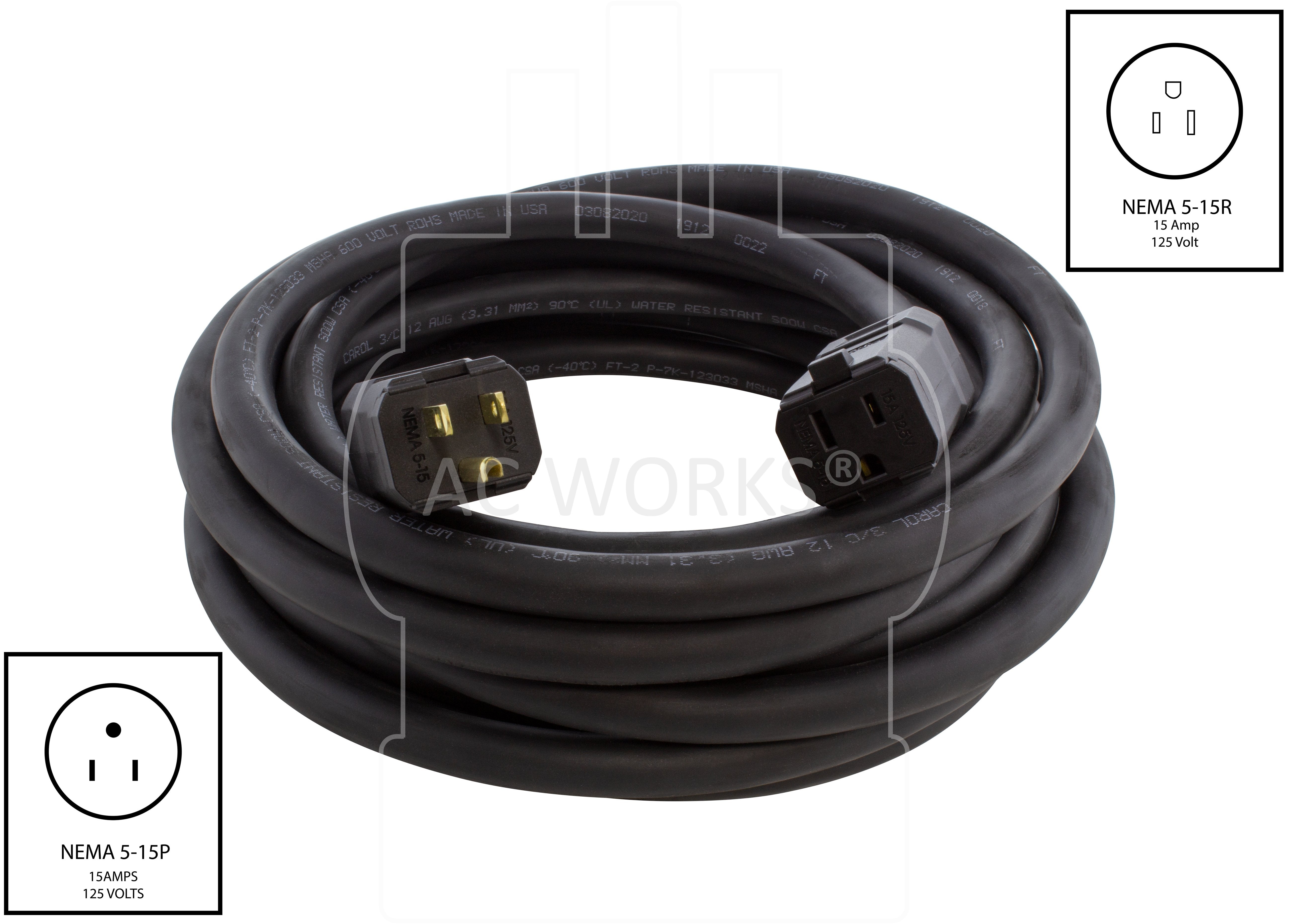 AC WORKS® [HD515PR] SOOW 12 Gauge NEMA 5-15 15A 125V Heavy Duty