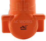 AC Works brand electrical adapter, L shaped adapter, compact orange adapter