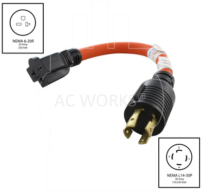 NEMA L14-30P to NEMA 6-20R, L1430 male plug to 620 female connector, 4-prong 30 amp 125/250 volt locking generator plug to 20 amp 250 volt t-blade female connector