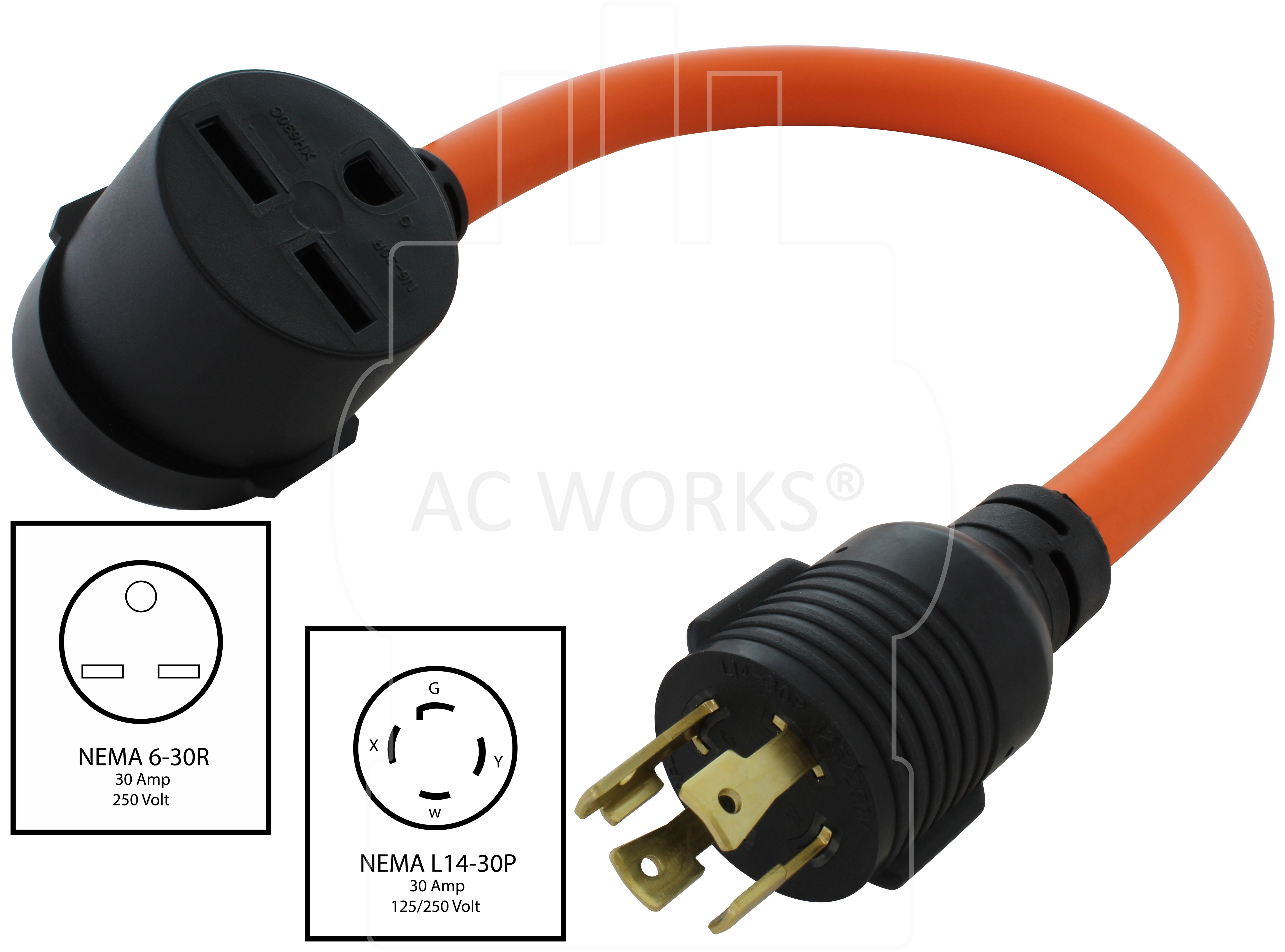 NEMA L14-30P to NEMA 6-30R orange flexible adapter