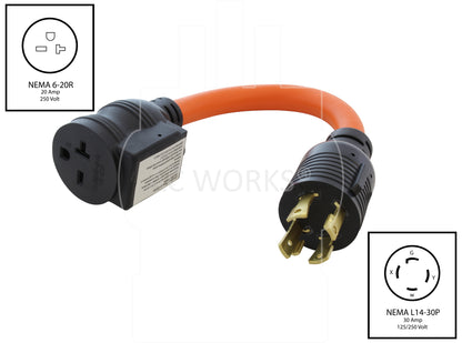 AC WORKS® [L1430CB620] 1.5FT 30A 4-Prong L14-30P Locking Plug to 6-15/20 Outlet with 20A Breaker