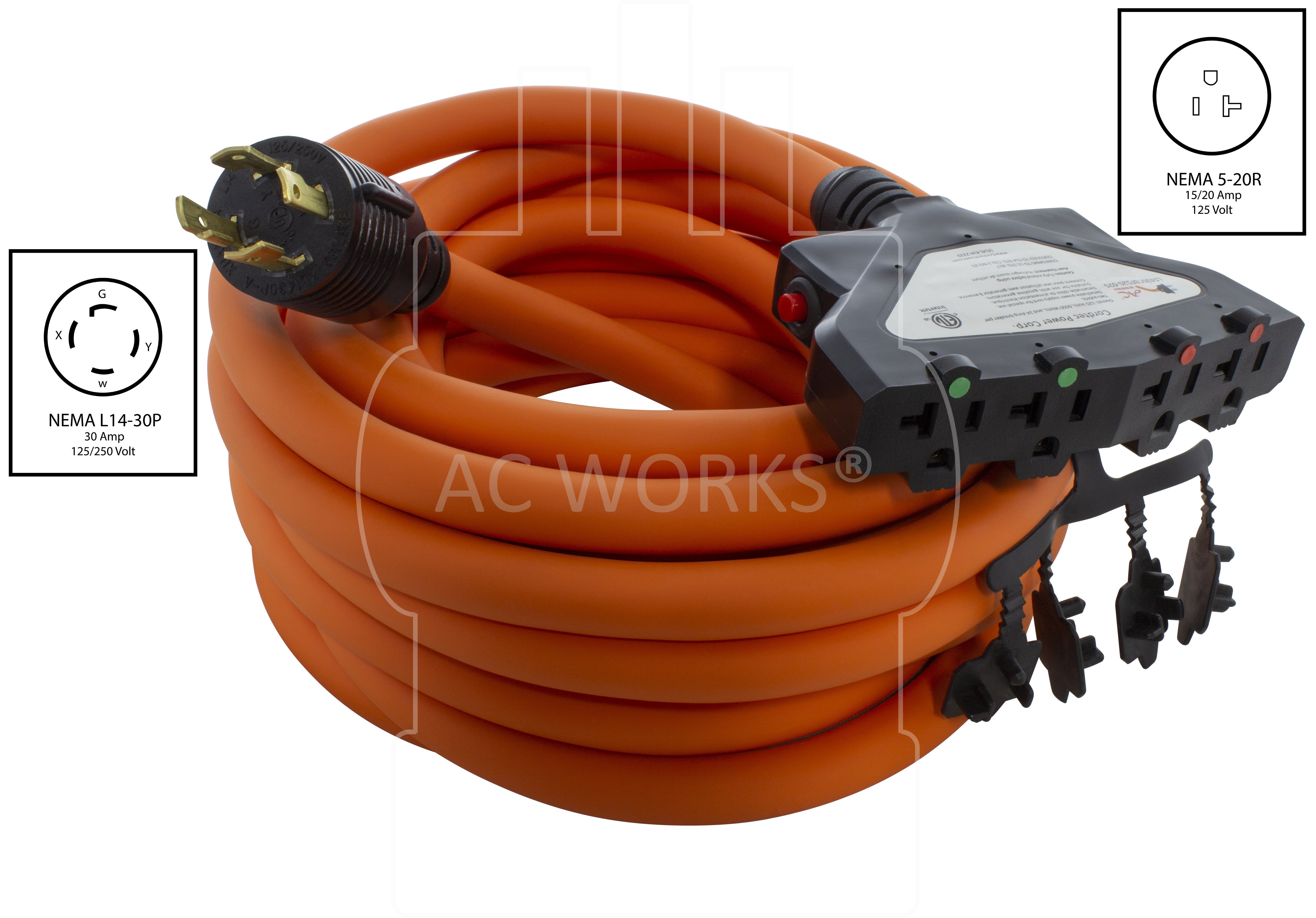 AC WORKS® [L1430CBF520-025] 25FT L14-30P 30A 4-Prong Generator Locking Plug to (4) Household Outlets with 24A Breaker