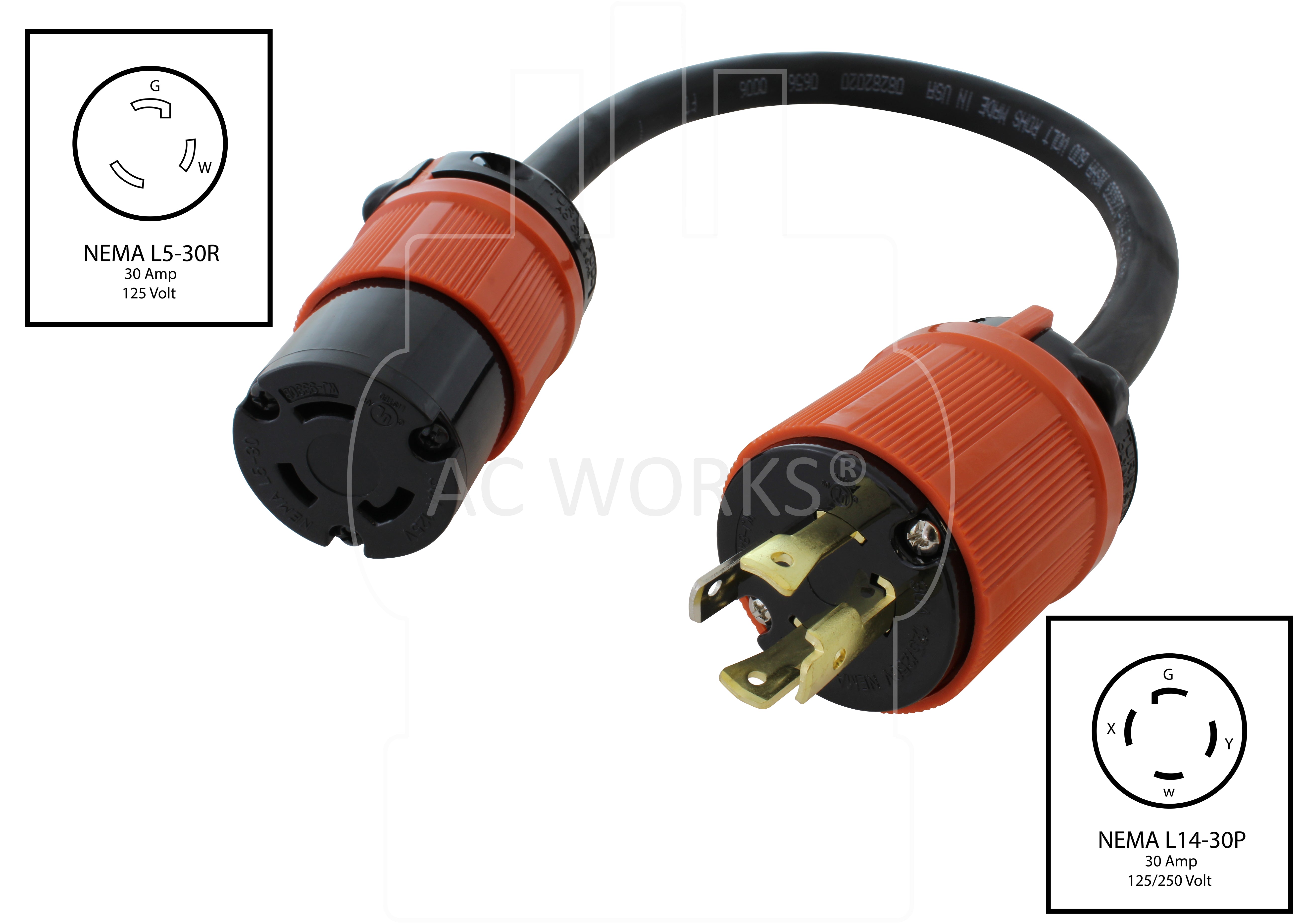 NEMA L14-30P to NEMA L5-30R 30A adapter