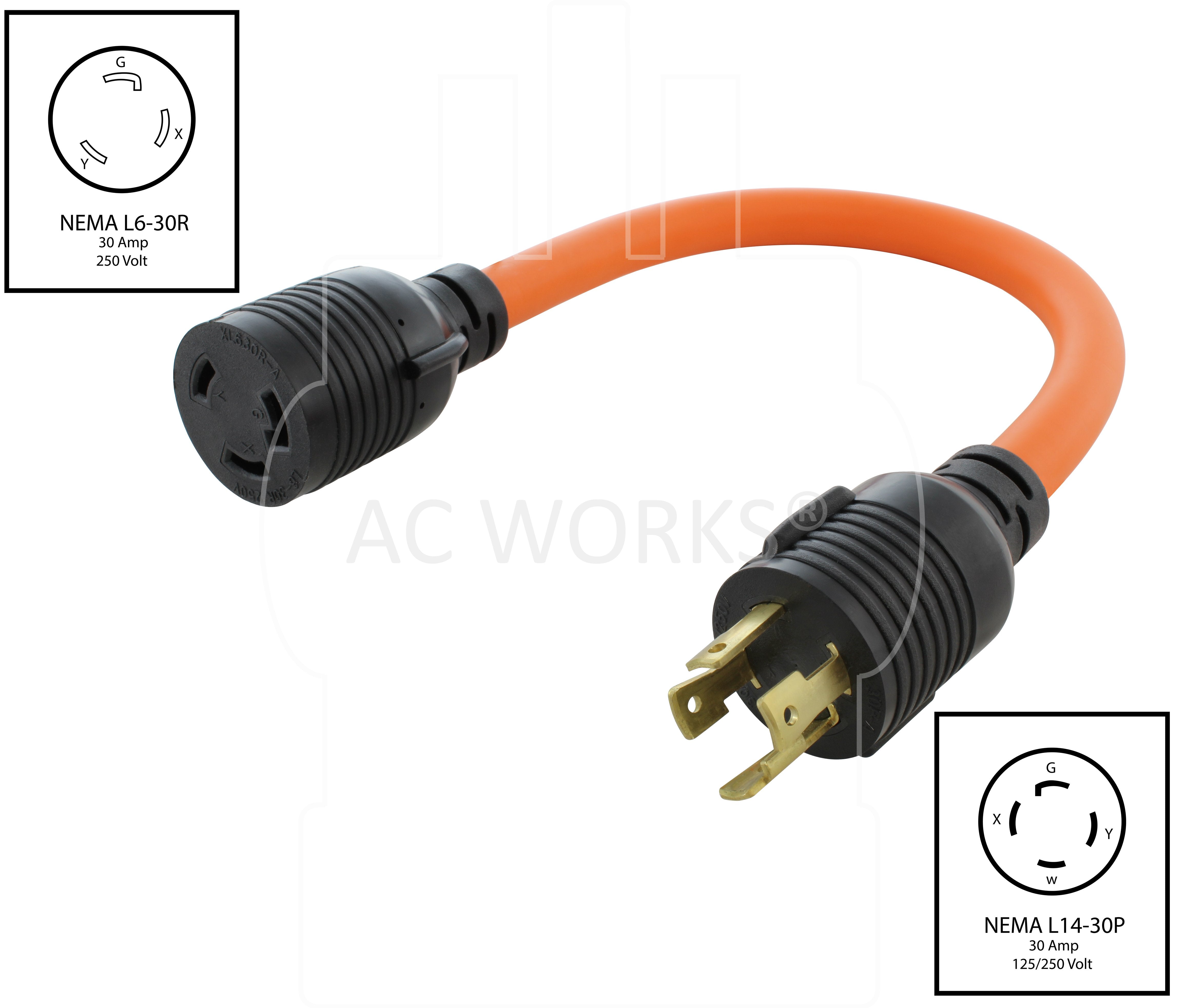 NEMA L14-30P to NEMA L6-30R, L1430 male plug to L630 female connector, 4-prong 30 amp generator plug to 3-prong industrial connector