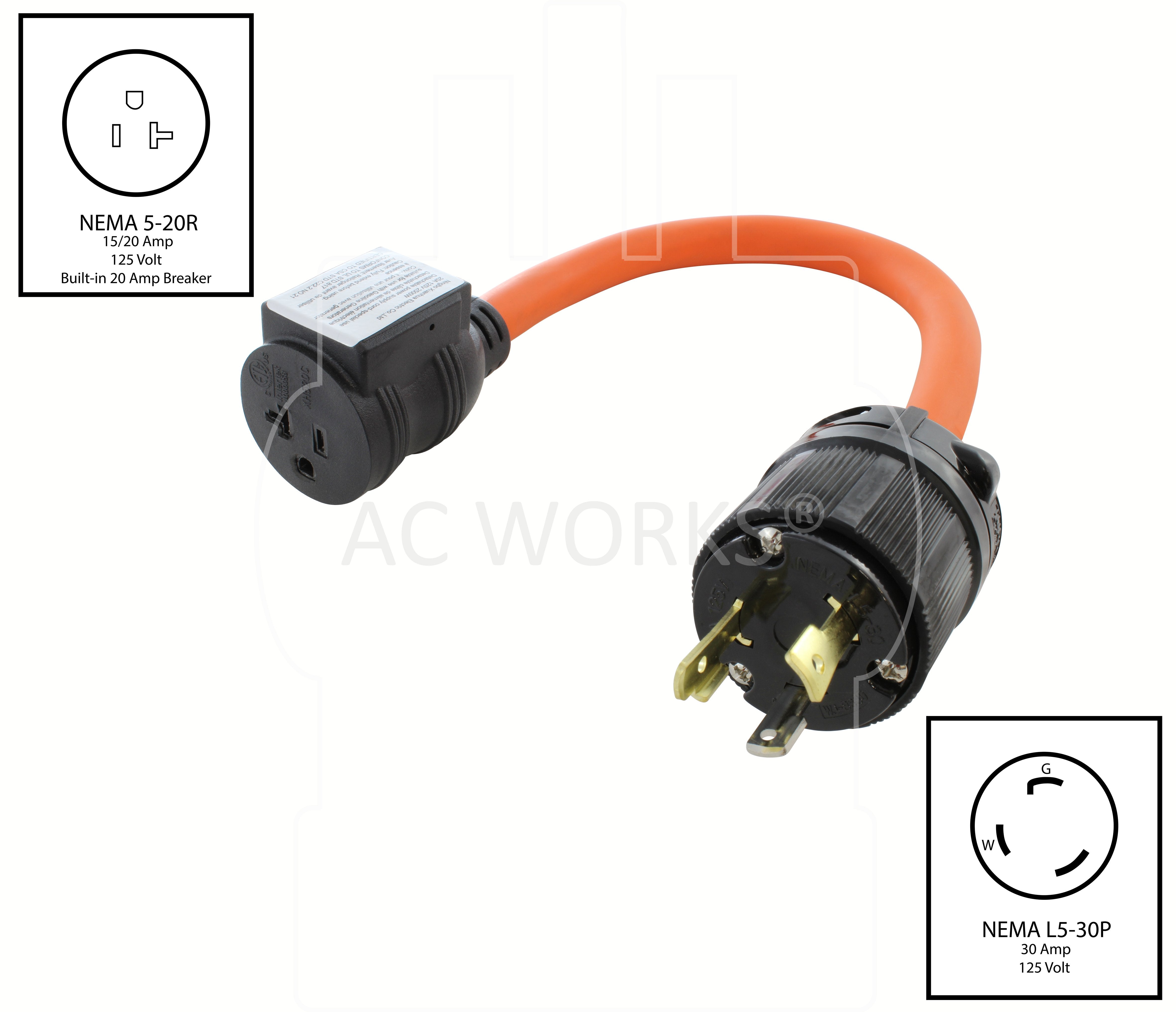 NEMA L5-30P to NEMA 5-20R with circuit breaker, L530 male plug to 520 female connector with circuit breaker, 3-prong 30 amp locking male plug to 20 amp household female connector