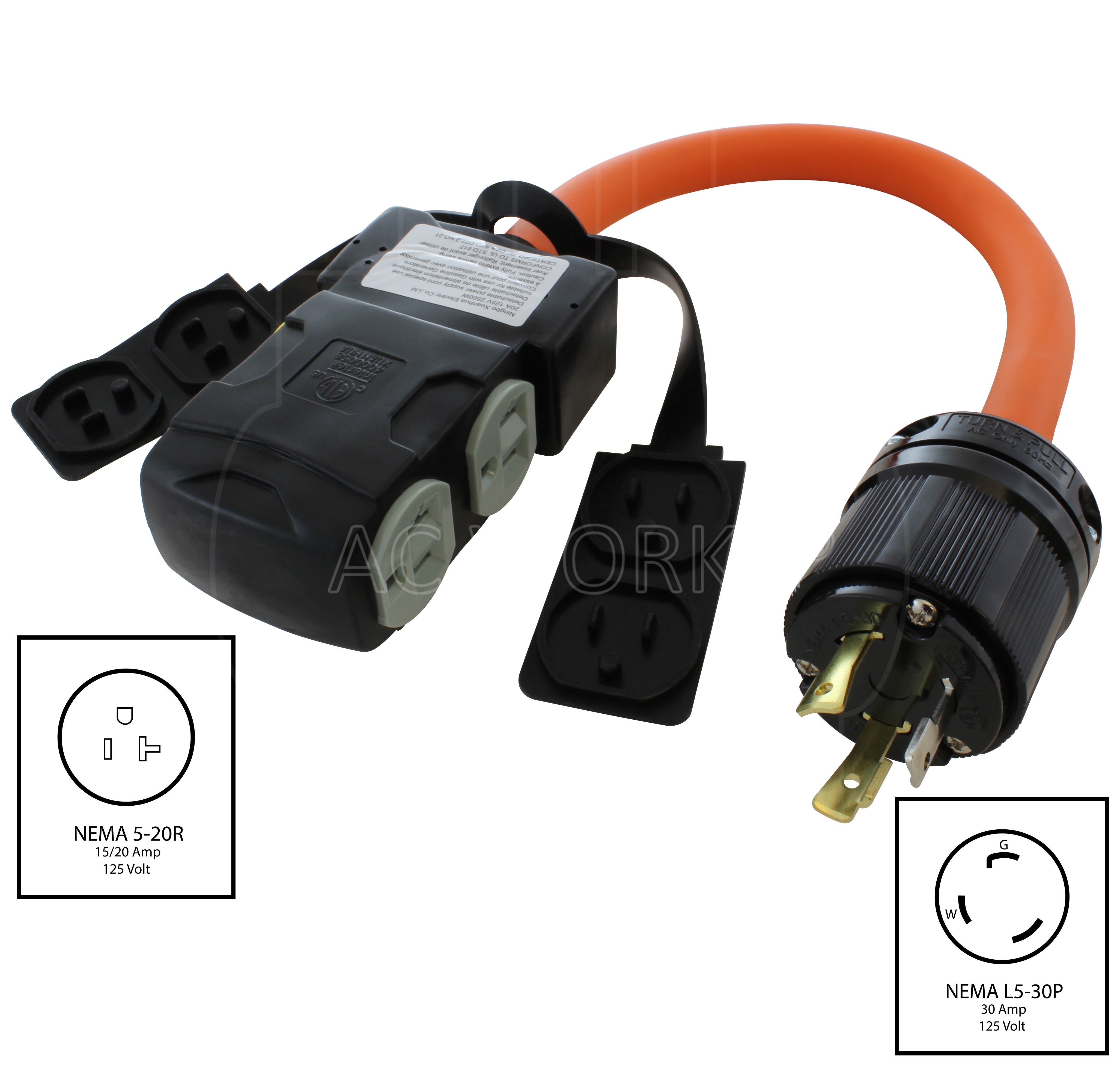 NEMA L5-30P to four NEMA 5-20R with 20A breakers