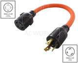 NEMA L5-30P to NEMA L14-30R, L530 male plug to L1430 female connector, 3-prong 30 amp locking plug to 4-prong 30 amp locking connector