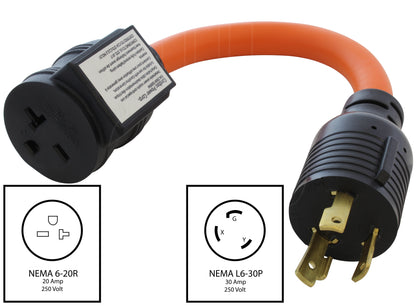 AC WORKS® [L630CB620] 1.5FT 30A 3-Prong L6-30P Locking Plug to 6-15/20 Outlet with 20A Breaker