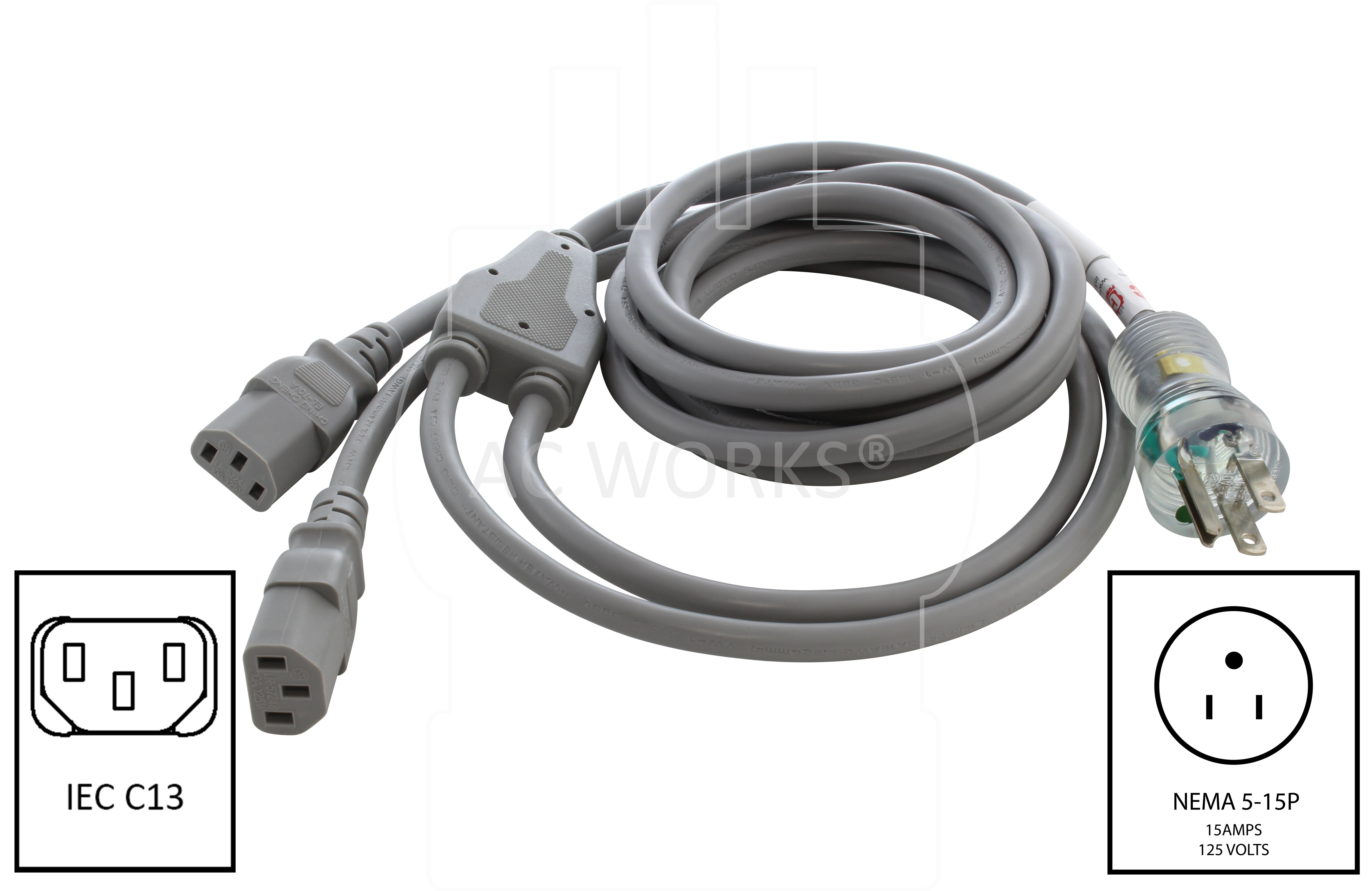 NEMA 5-15P to two IEC C13 splitter cord for hospital