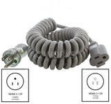NEMA 5-15P to NEMA 5-15R, coiled hospital grade cord with household connections