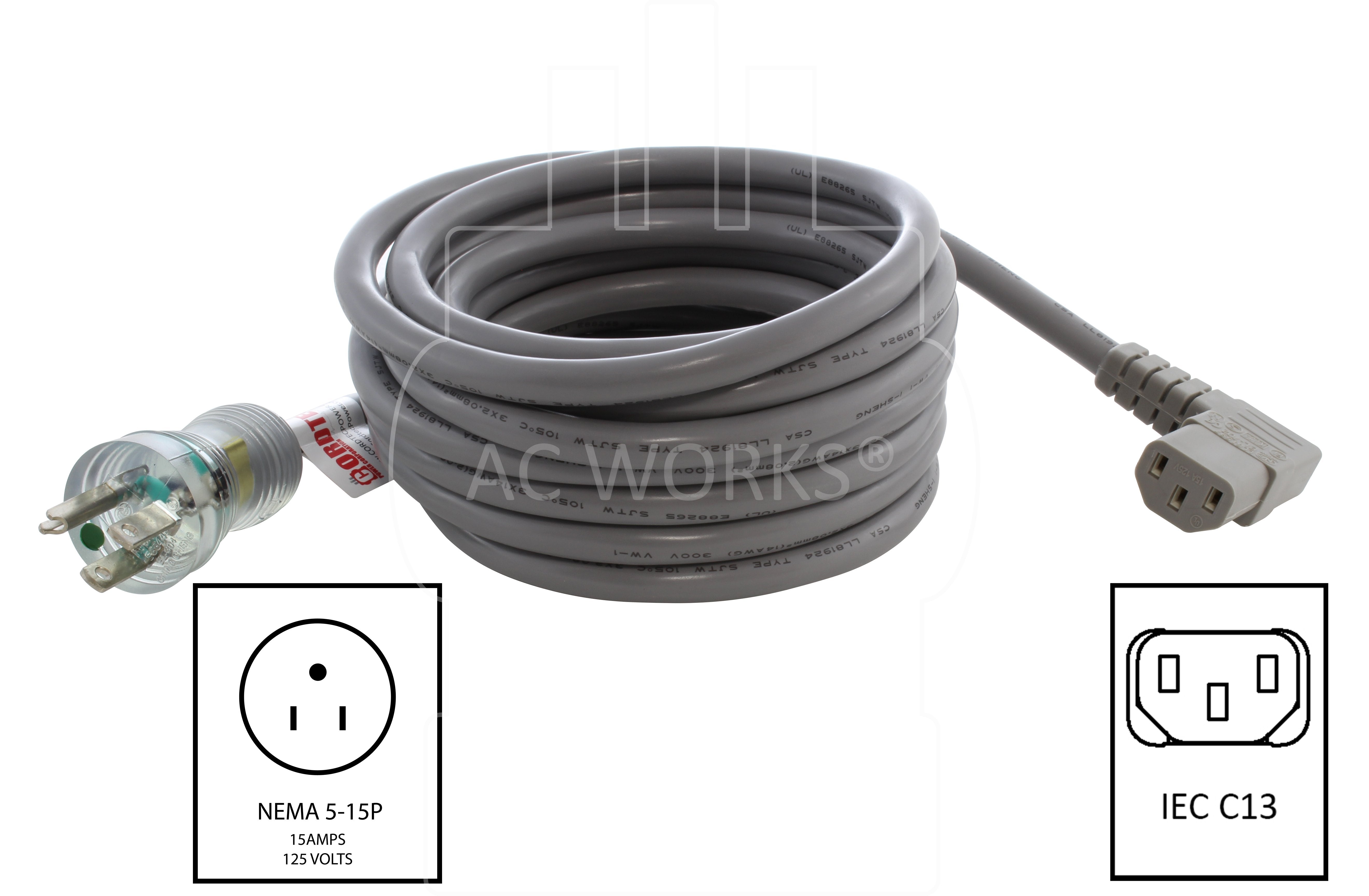 NEMA 5-15P to left angle IEC C13, 515 male plug to C13 female connector, green dot household plug to left angle C13 connector