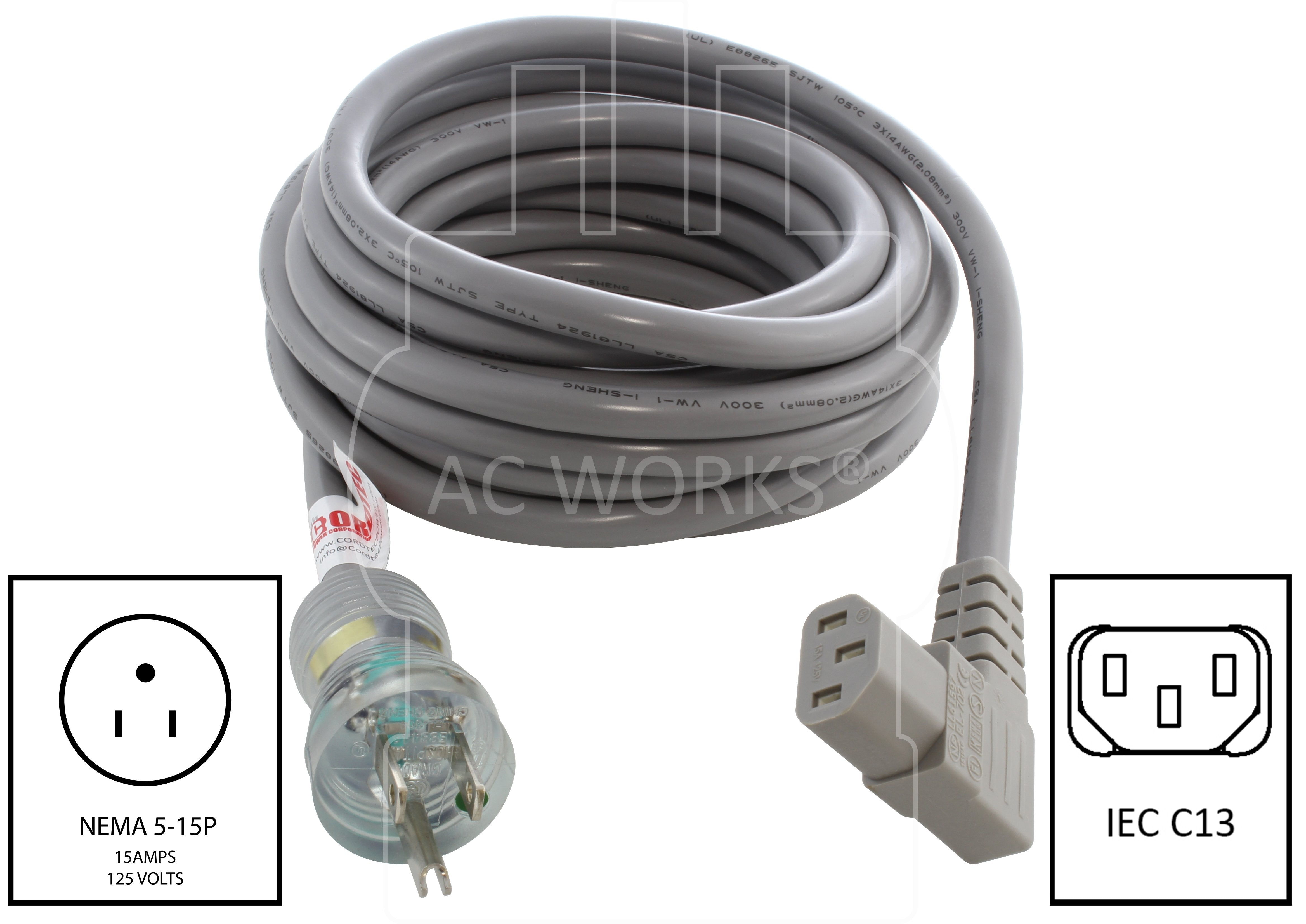 NEMA 5-15P to right angle IEC C13, 515 male plug to right angle C13 connector, green dot household plug to right angle C13 connector