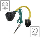 NEMA 10-30P to NEMA 14-50R, 1030 male plug to 1450 female connector, 3-prong dryer plug to 4-prong RV connector, 30 amp dryer plug to 50 amp rv connector