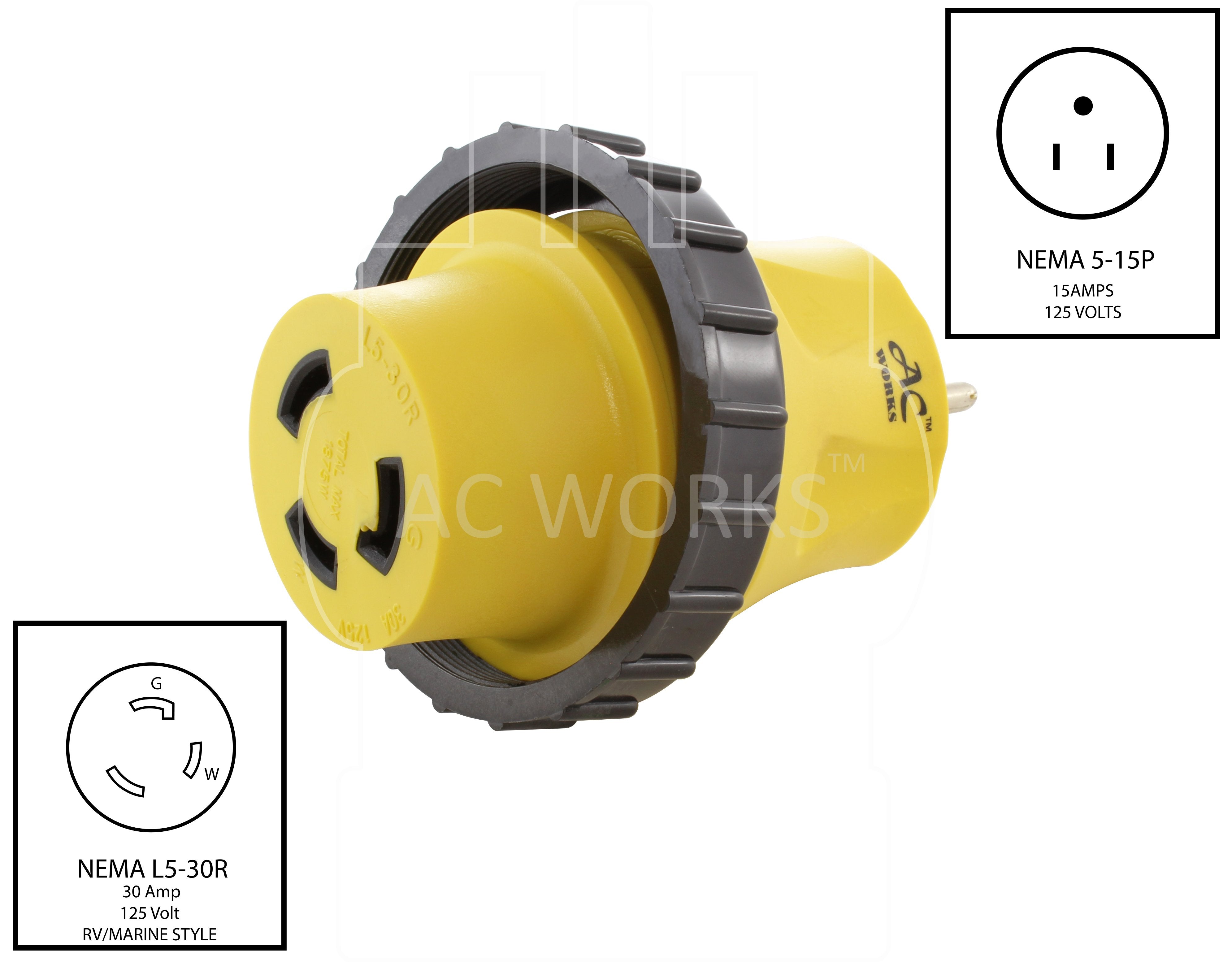 NEMA 5-15P to NEMA L5-30R, 515 plug to L30 connector, household plug to 3-prong 30 amp locking connector