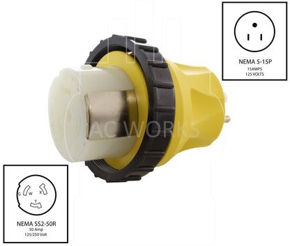 NEMA 5-15P to NEMA SS2-50R, 515 plug to SS250 connector, household plug to 50 amp RV connector, household plug to 50 Amp shore power connector